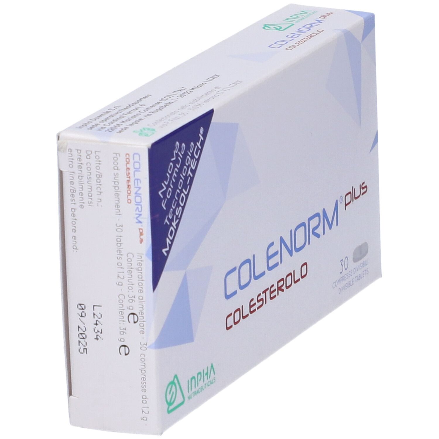 Scatola bianca con testo blu e verde. Scritto: COLENORM plus, COLESTEROLO, 30 Compresse Divisibili. Logo INPHA.