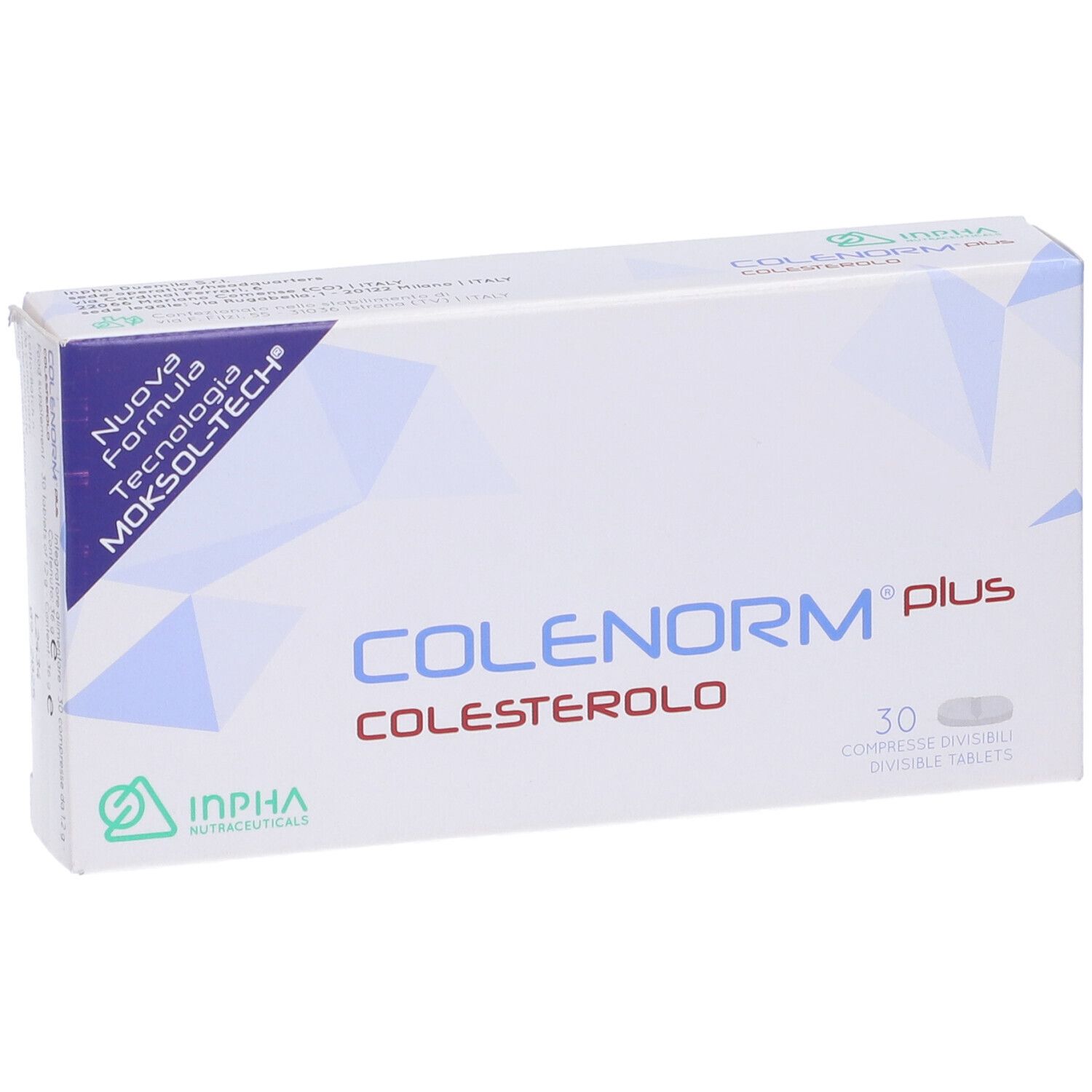 Scatola bianca con testo blu e verde. Scritto: COLENORM plus, COLESTEROLO, 30 Compresse Divisibili. Logo INPHA.