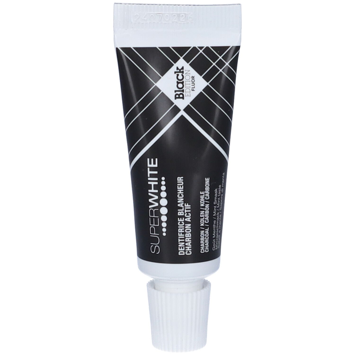 Tubo di dentifricio Superwhite Black Edition. Tubo nero con testo bianco. Contiene carbone attivo. Tappo bianco.