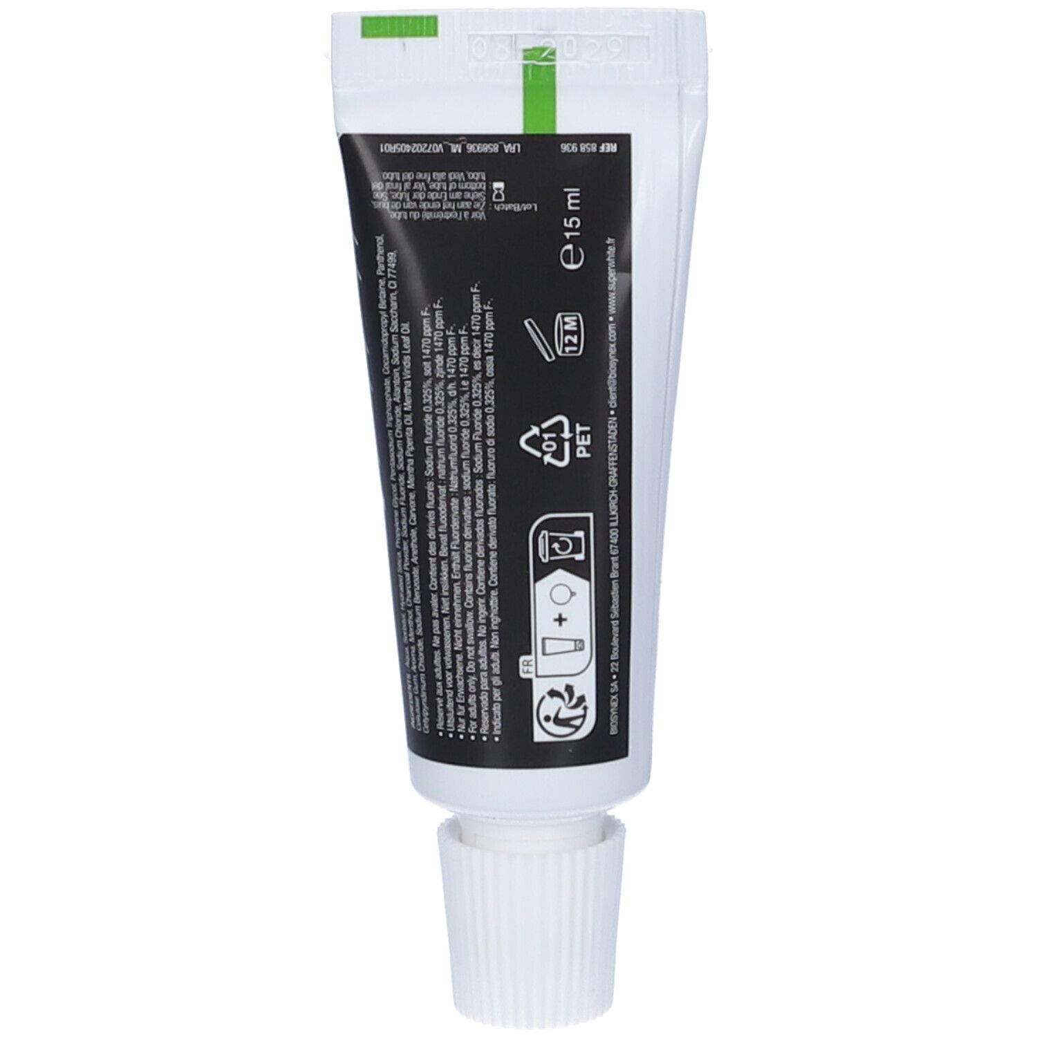 Retro del tubetto di dentifricio Superwhite Black Edition. Testo nero su sfondo bianco. Contiene informazioni e simboli.