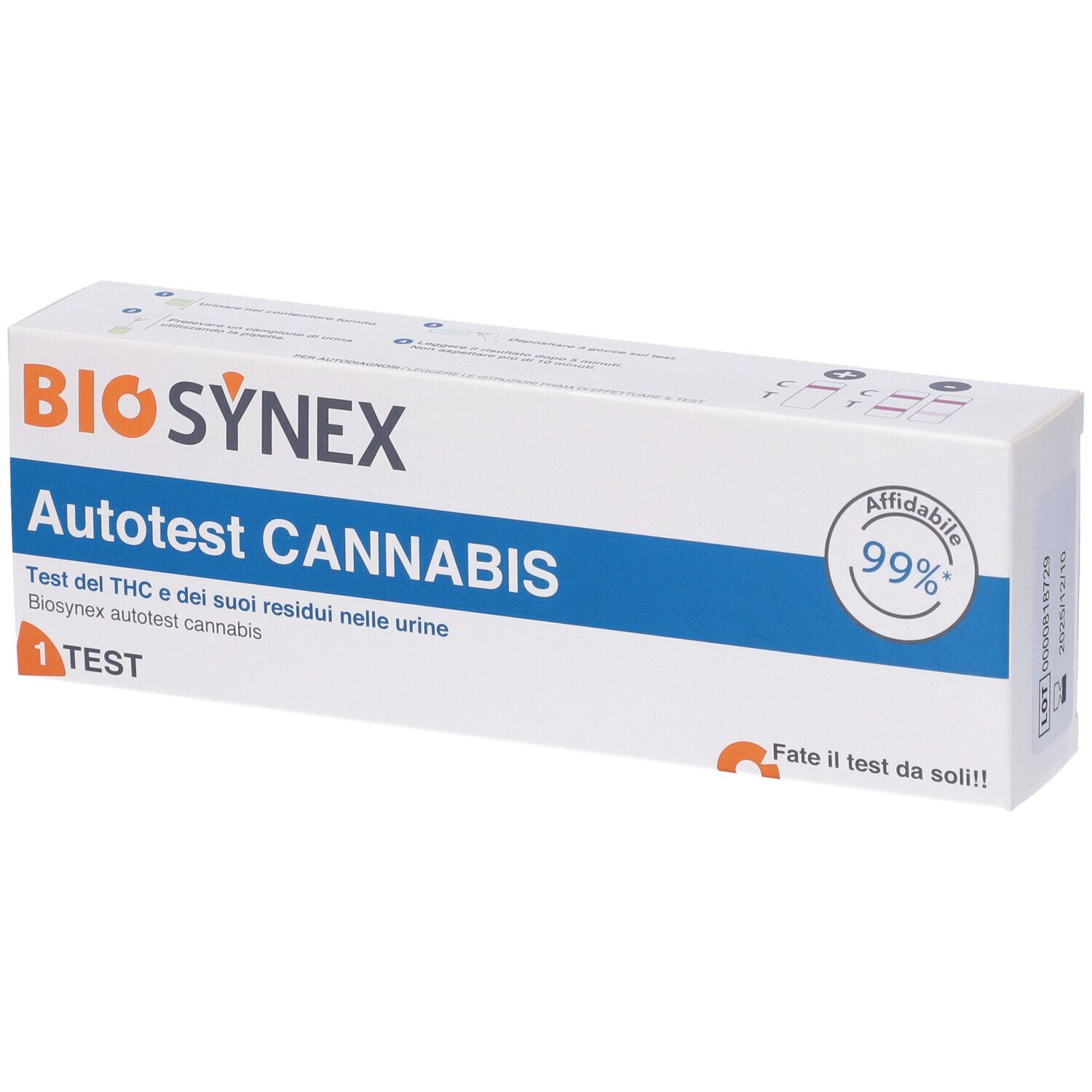Confezione Biosynex Autotest Cannabis. Bianca, testo blu e arancione. Contiene 1 test. Affidabilità 99%.