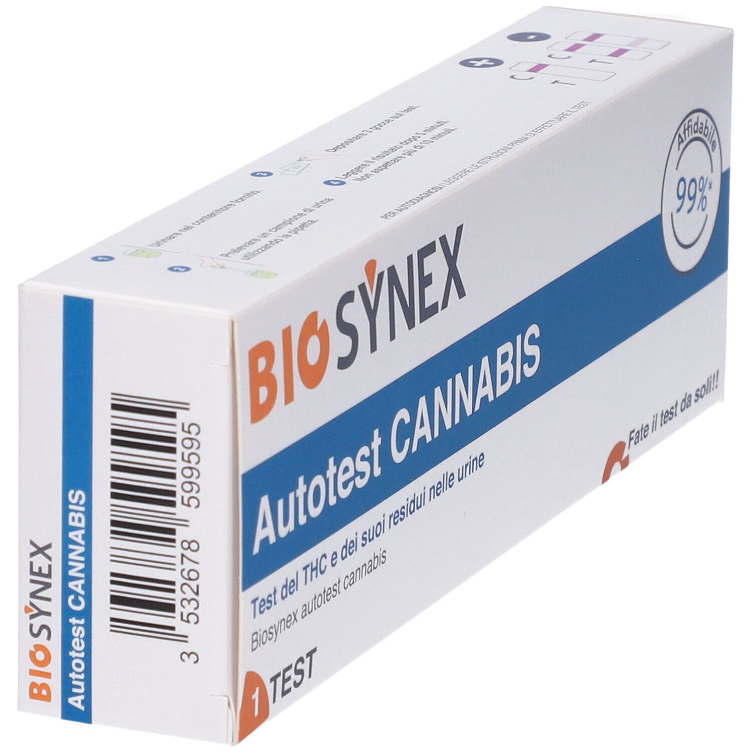 Confezione Biosynex Autotest Cannabis. Bianca, testo blu e arancione. Contiene 1 test. Affidabilità 99%.