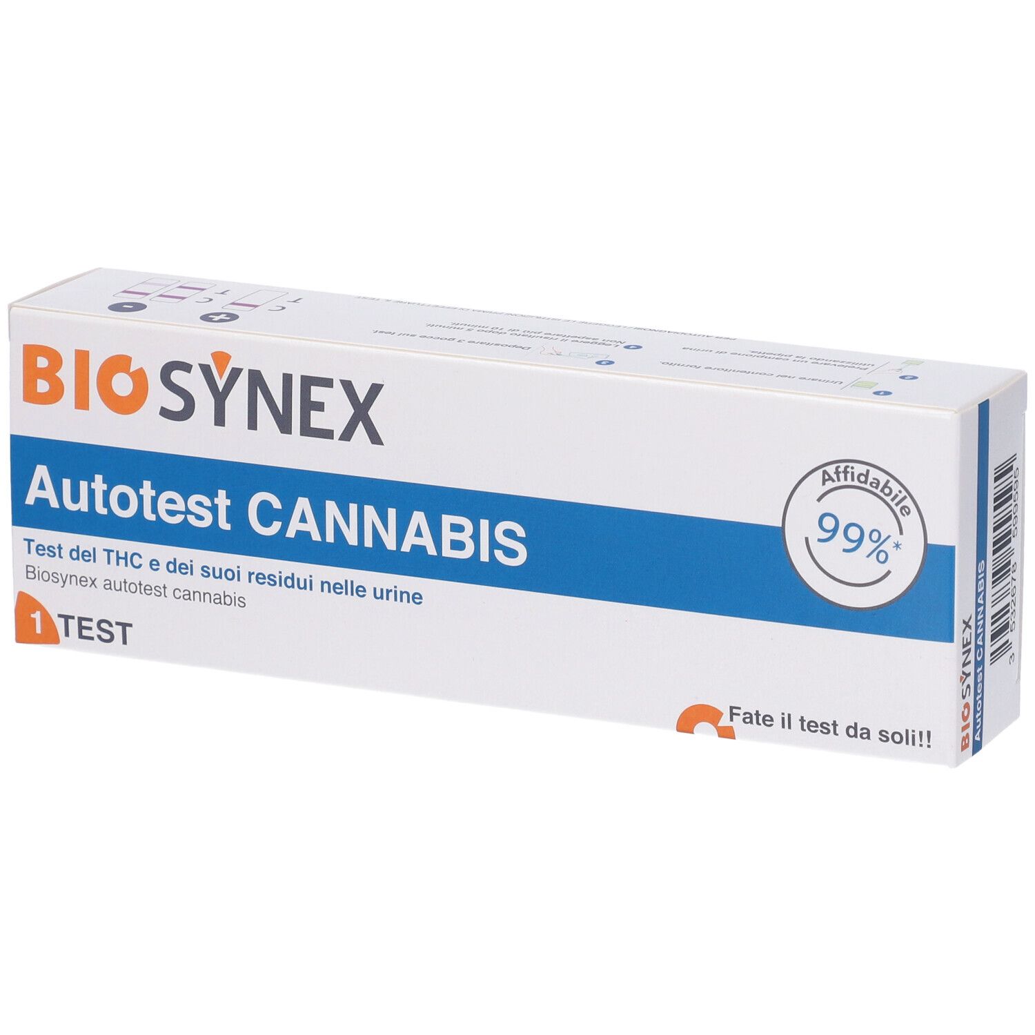 Confezione Biosynex Autotest Cannabis. Bianca, testo blu e arancione. Contiene 1 test. Affidabilità 99%.