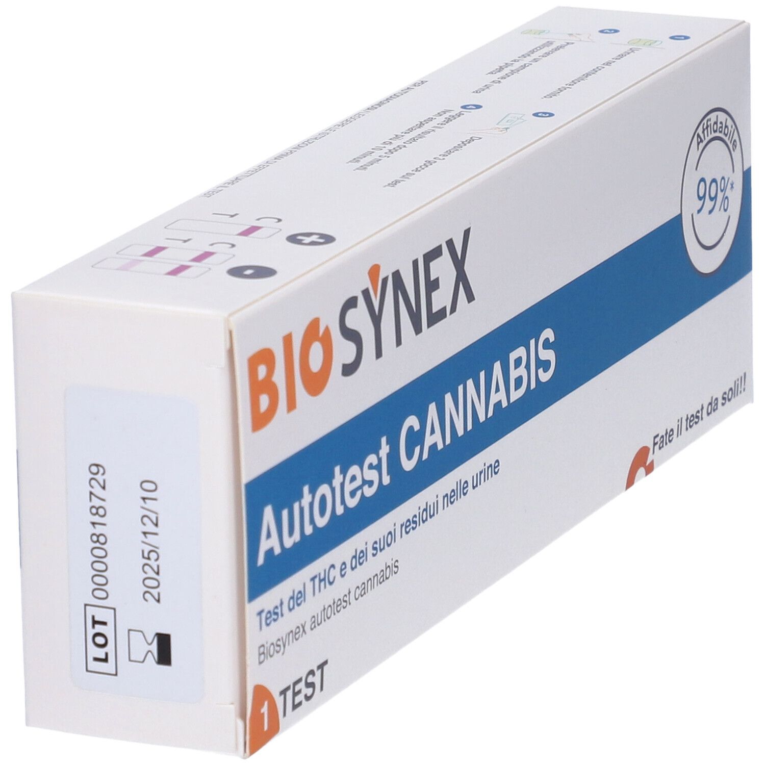 Confezione Biosynex Autotest Cannabis. Bianca, testo blu e arancione. Contiene 1 test. Affidabilità 99%.