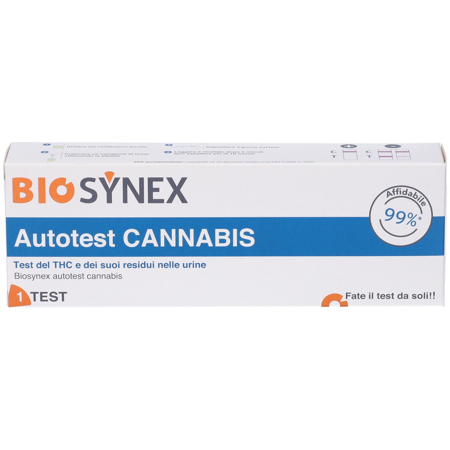 Confezione Biosynex Autotest Cannabis. Bianca, testo blu e arancione. Contiene 1 test. Affidabilità 99%.