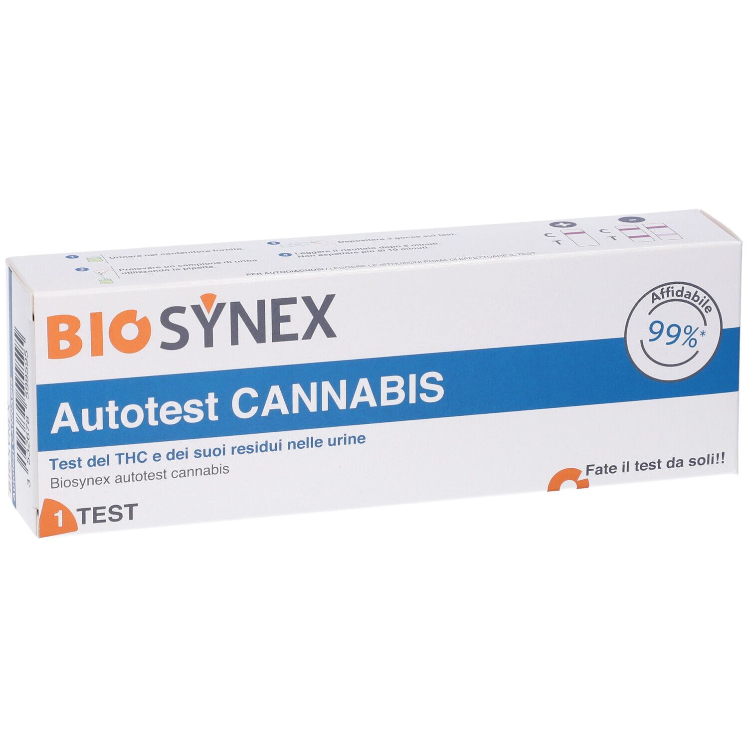 Confezione Biosynex Autotest Cannabis. Bianca, testo blu e arancione. Contiene 1 test. Affidabilità 99%.