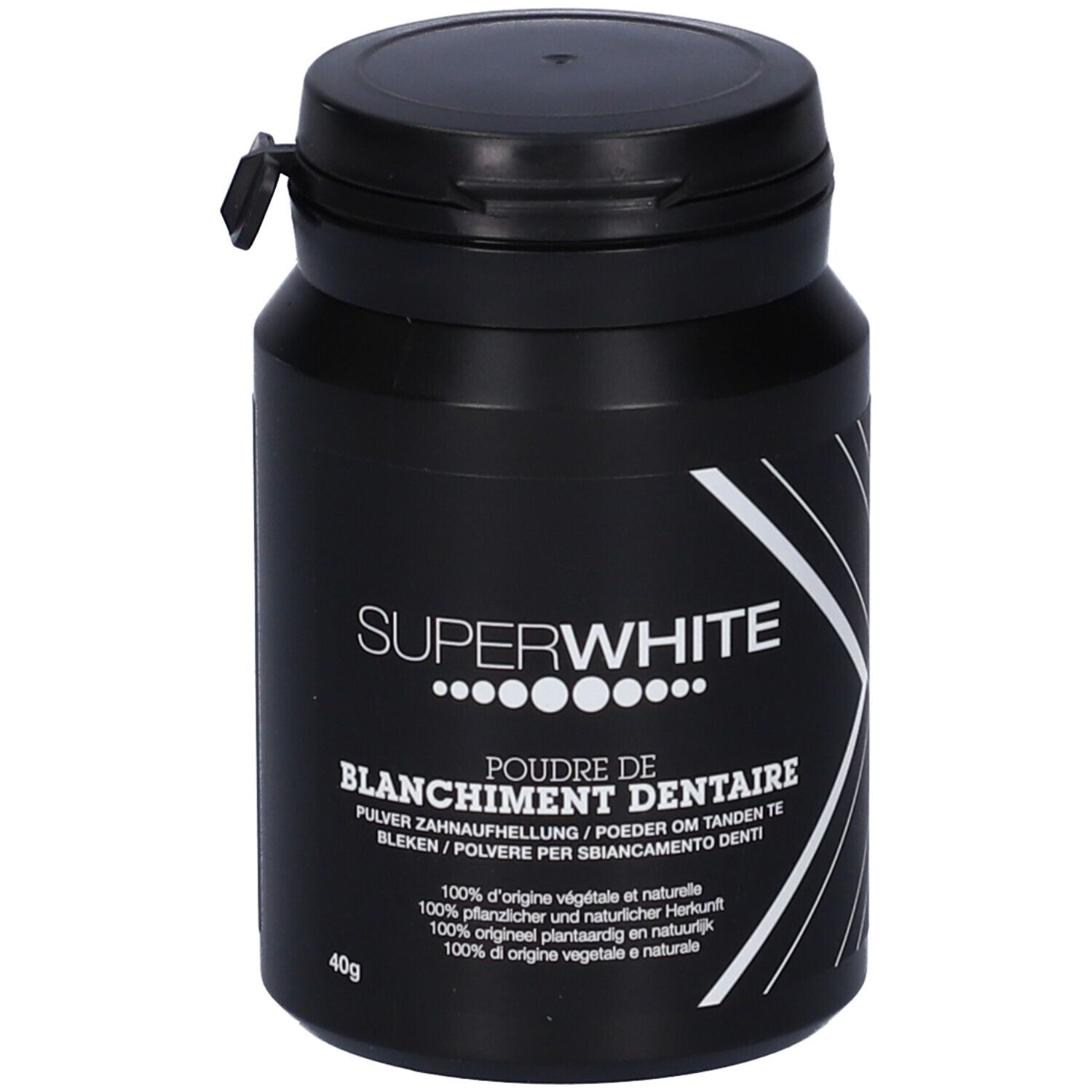 Barattolo nero con coperchio. Scritta SUPERWHITE, Poudre de Blanchiment Dentaire. 40g. Testo multilingue.