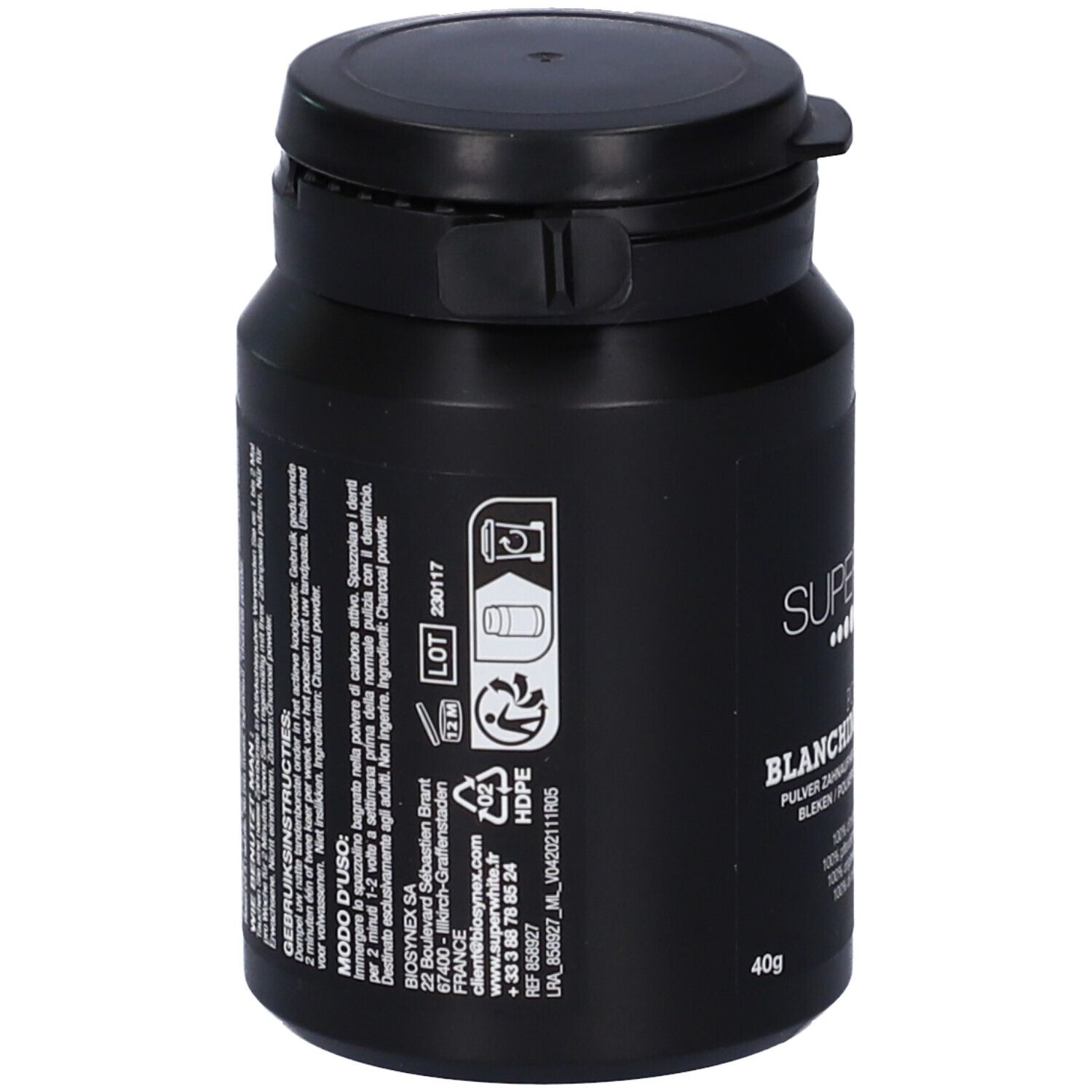 Retro di un barattolo nero. Testo, loghi e informazioni. Scritta SUPERWHITE, Poudre de Blanchiment Dentaire. 40g.