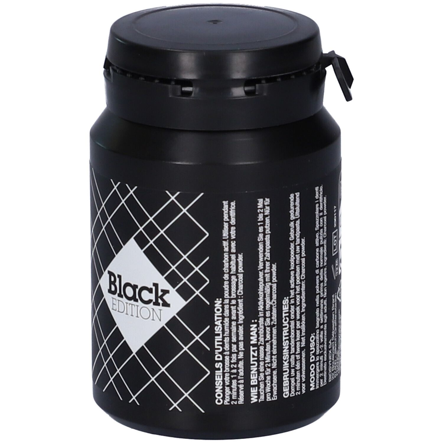 Barattolo nero con coperchio. Scritta Black Edition. Testo multilingue. Motivo a griglia nero.