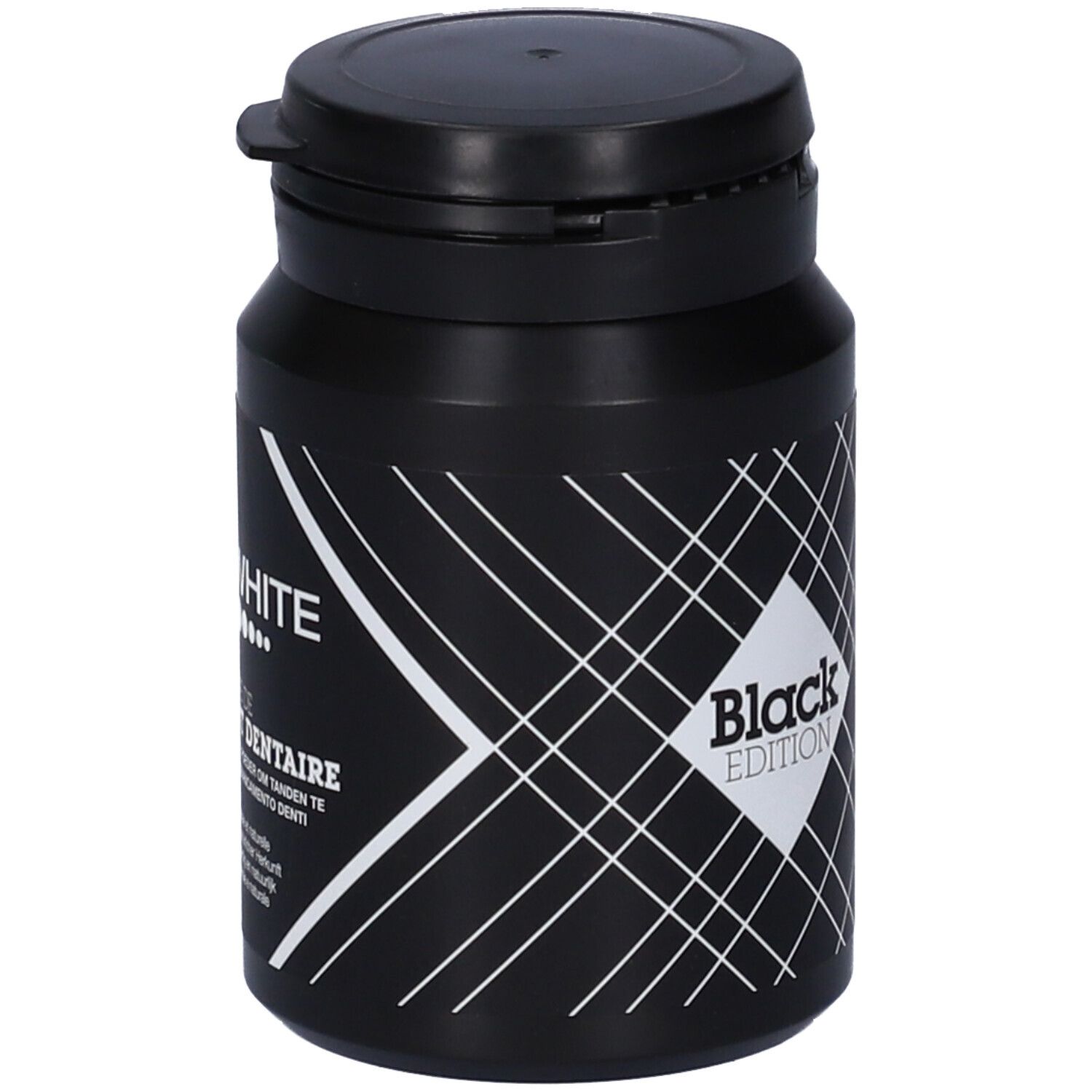 Barattolo nero con coperchio. Scritta Black Edition. Motivo a griglia nero. Testo multilingue.