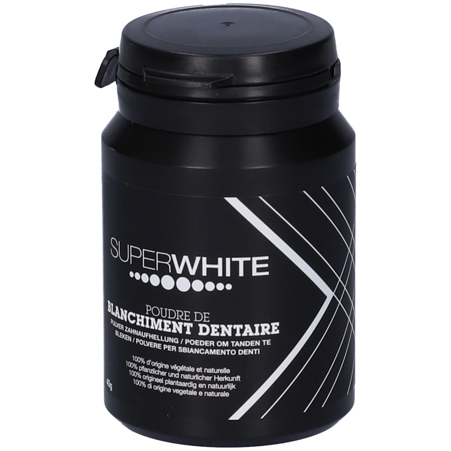 Barattolo nero con coperchio. Scritta SUPERWHITE, Poudre de Blanchiment Dentaire. 40g. Testo multilingue.
