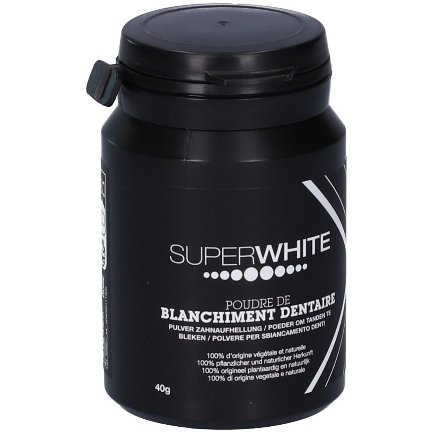Barattolo nero con coperchio. Scritta SUPERWHITE, Poudre de Blanchiment Dentaire. 40g. Testo multilingue.