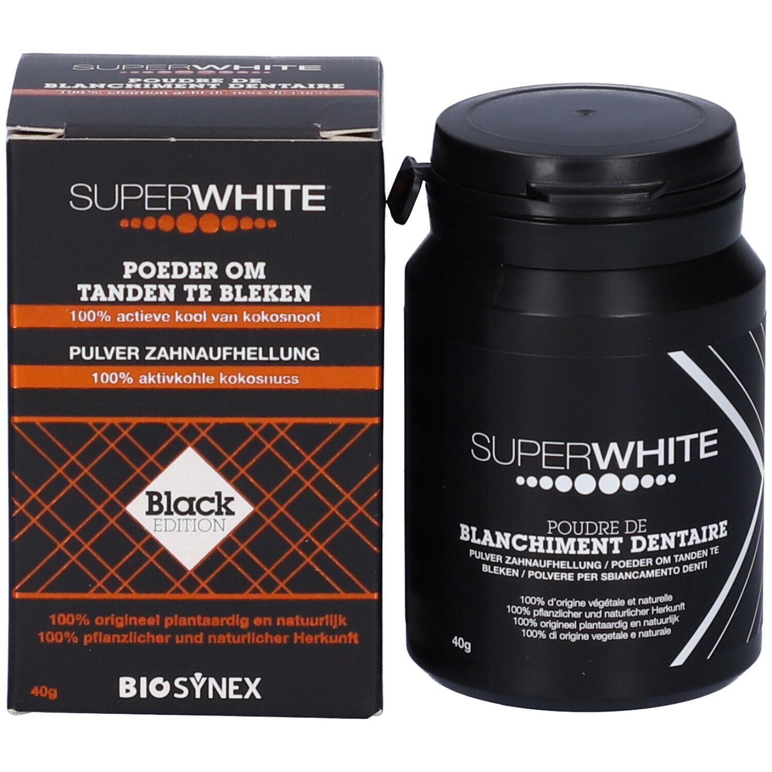 Barattolo nero e scatola. Scritta SUPERWHITE, Poudre de Blanchiment Dentaire. 40g. Testo multilingue. Black Edition.
