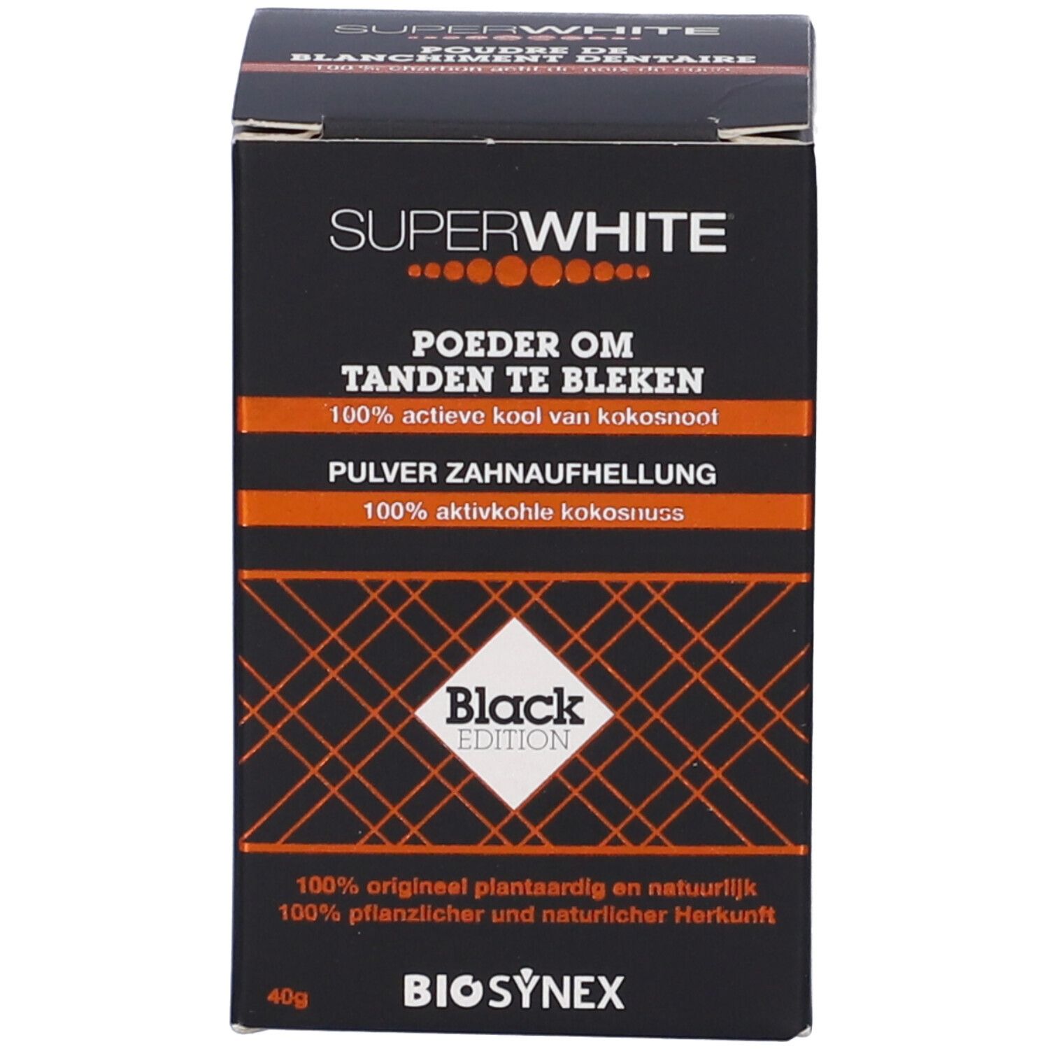 Scatola nera. Scritta SUPERWHITE, Poudre de Blanchiment Dentaire. 40g. Testo multilingue. Black Edition.
