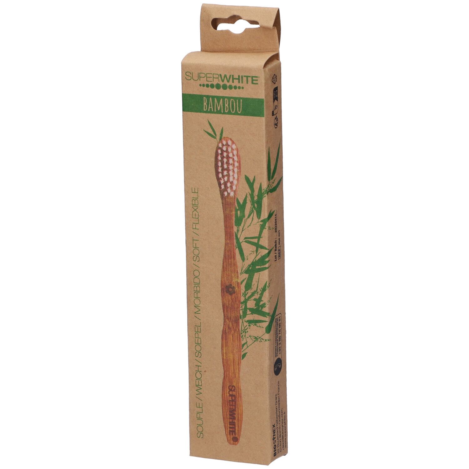 Spazzolino in bambù nella confezione. Marchio Superwhite, scritta Bambou. Setole rosa, manico in legno.