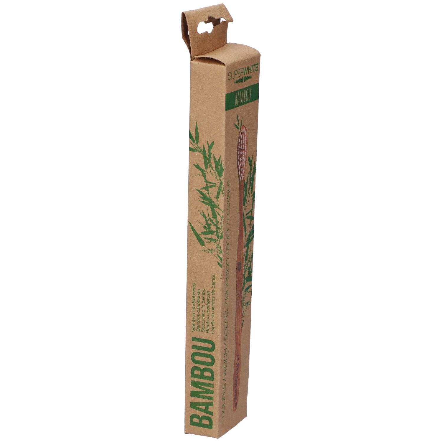Confezione per spazzolino in bambù. Marchio Superwhite, scritta Bambou. Stampa foglia di bambù. Scatola con gancio.