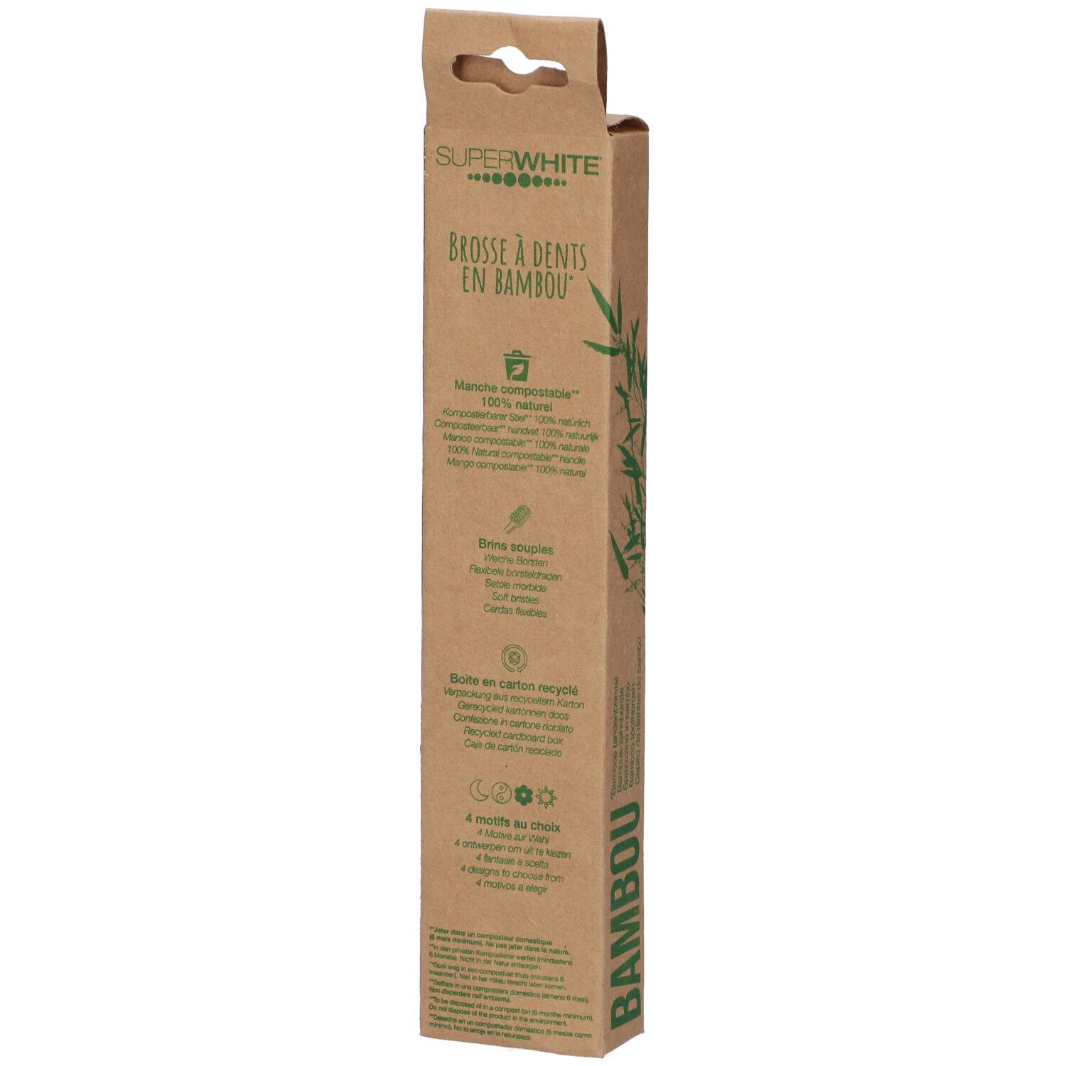 Retro della confezione dello spazzolino in bambù. Testo: Brosse à dents en bambou, caratteristiche, nota di riciclaggio, logo.