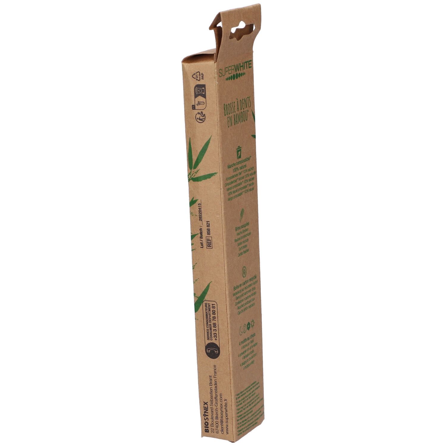 Vista laterale della confezione dello spazzolino in bambù. Testo: Brosse à dents en bambou, caratteristiche, nota di riciclaggio, logo.
