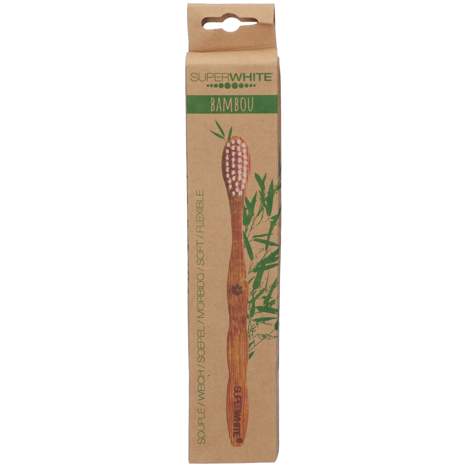 Spazzolino in bambù nella confezione. Marchio Superwhite, scritta Bambou. Setole rosa, manico in legno.