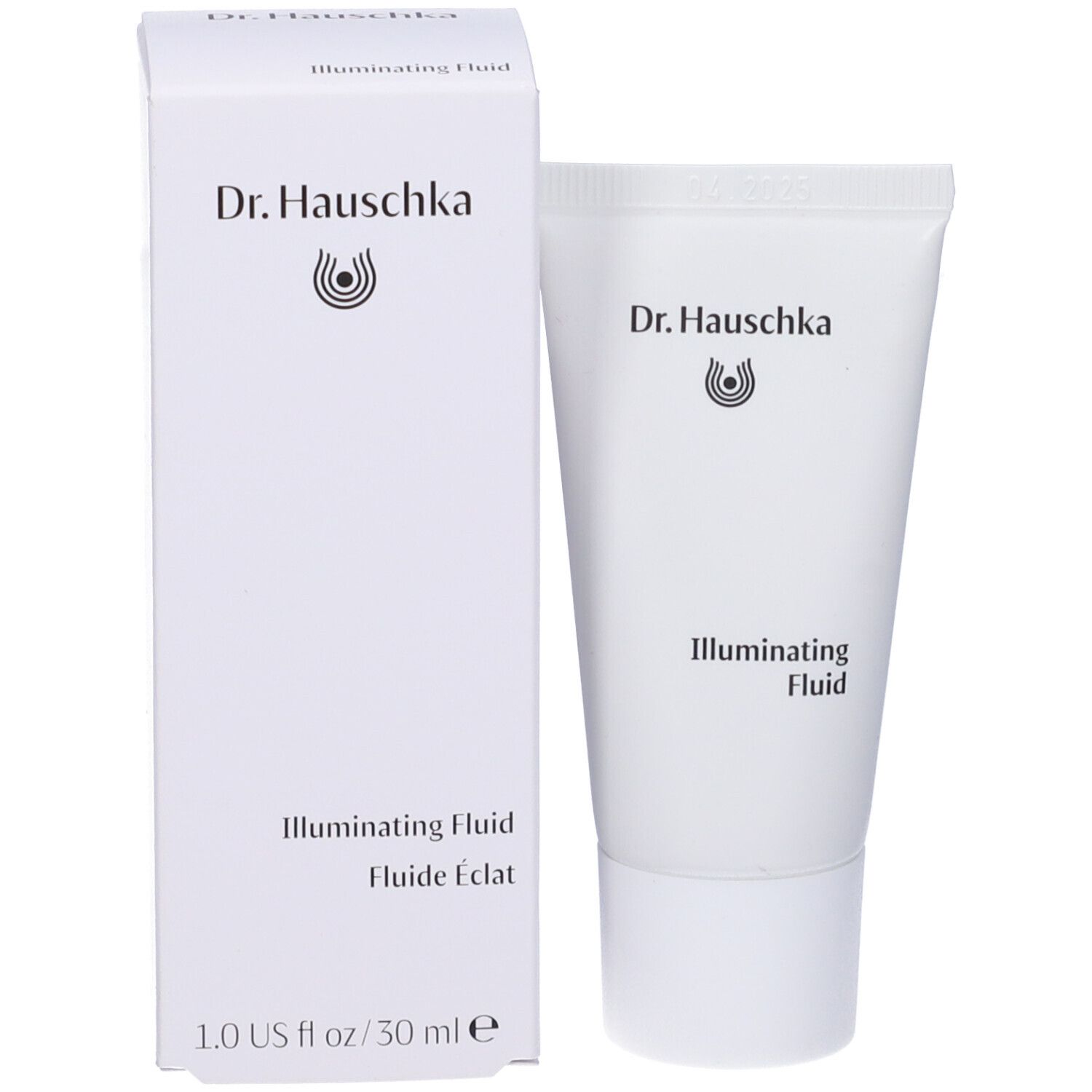 Confezione del prodotto con tubo e scatola. Sulla scatola: Dr. Hauschka, 'Illuminating Fluid'.