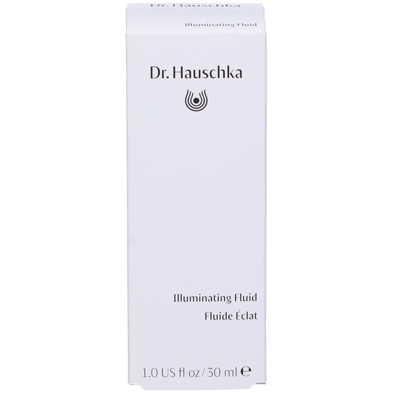 Scatola bianca con logo Dr. Hauschka e scritta 'Illuminating Fluid'.