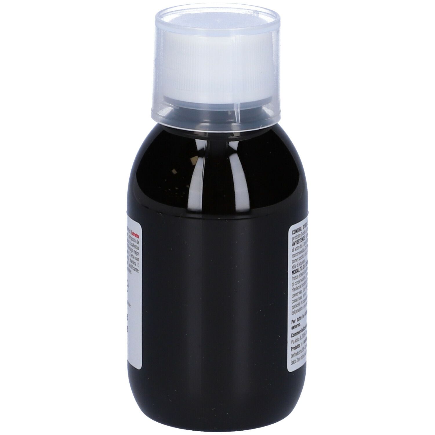 Liquido marrone in bottiglia con tappo bianco. Testo sul retro.