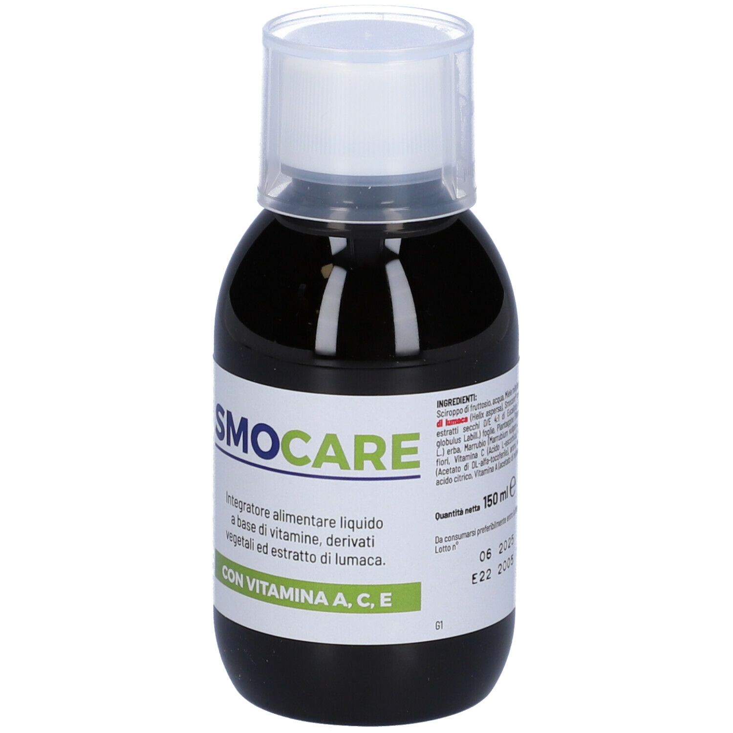 Liquido marrone in bottiglia con tappo bianco. Scritta: SMOCARE, 150 ml, data di scadenza.
