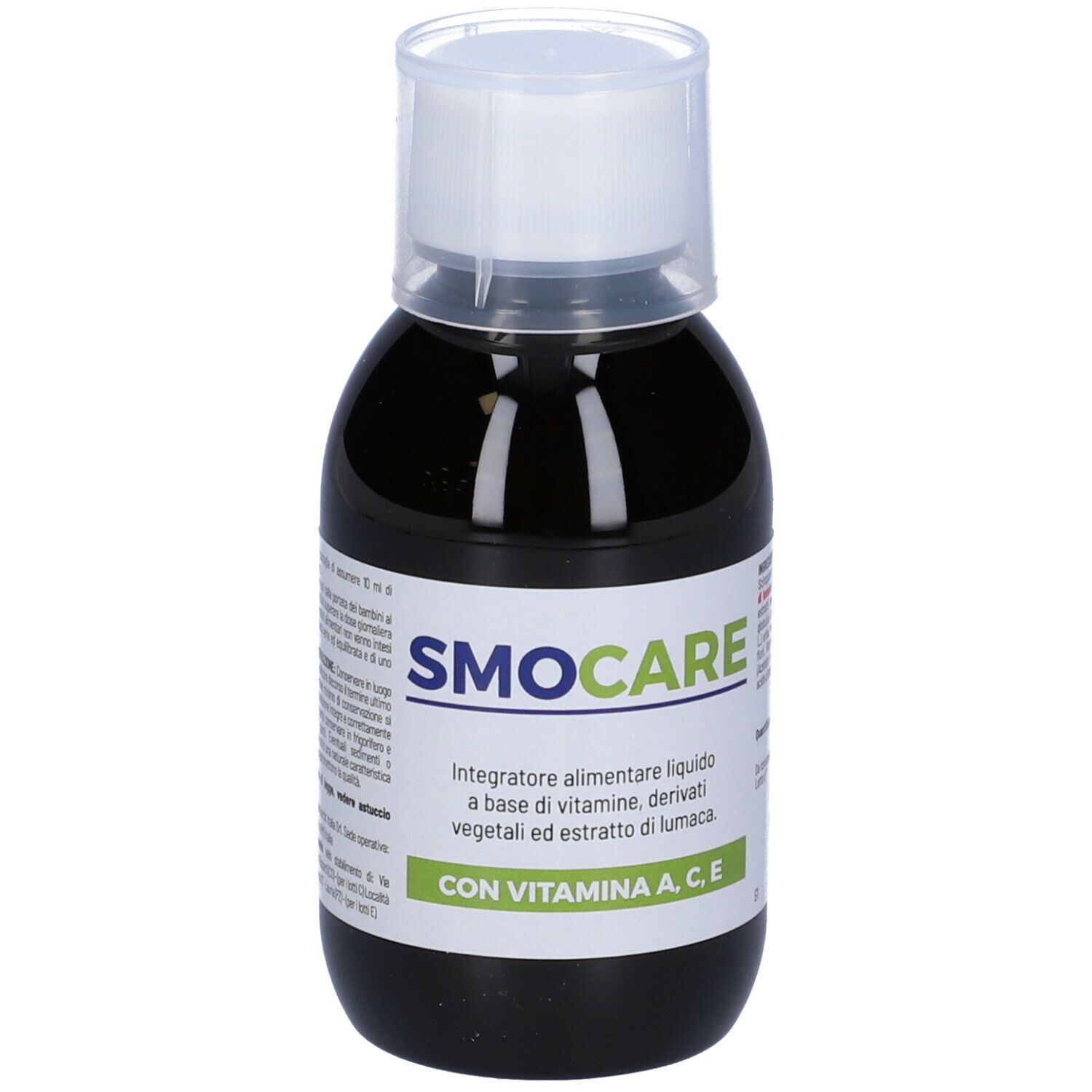 Liquido marrone in bottiglia con tappo bianco. Scritta: SMOCARE, con vitamine.