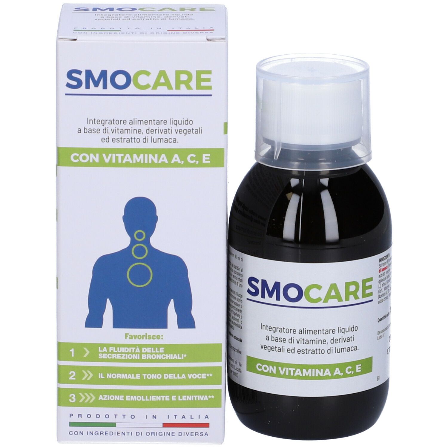 Bottiglia di liquido marrone e tappo bianco accanto a una scatola. Scritta: SMOCARE, con vitamine.