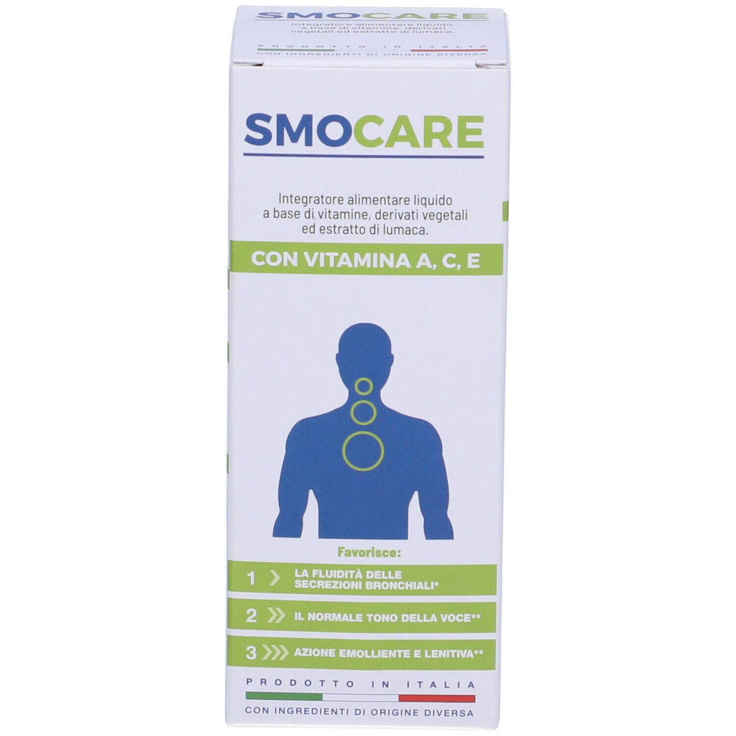 Scatola bianca con scritta: SMOCARE, con vitamine. Illustrazione di un collo.