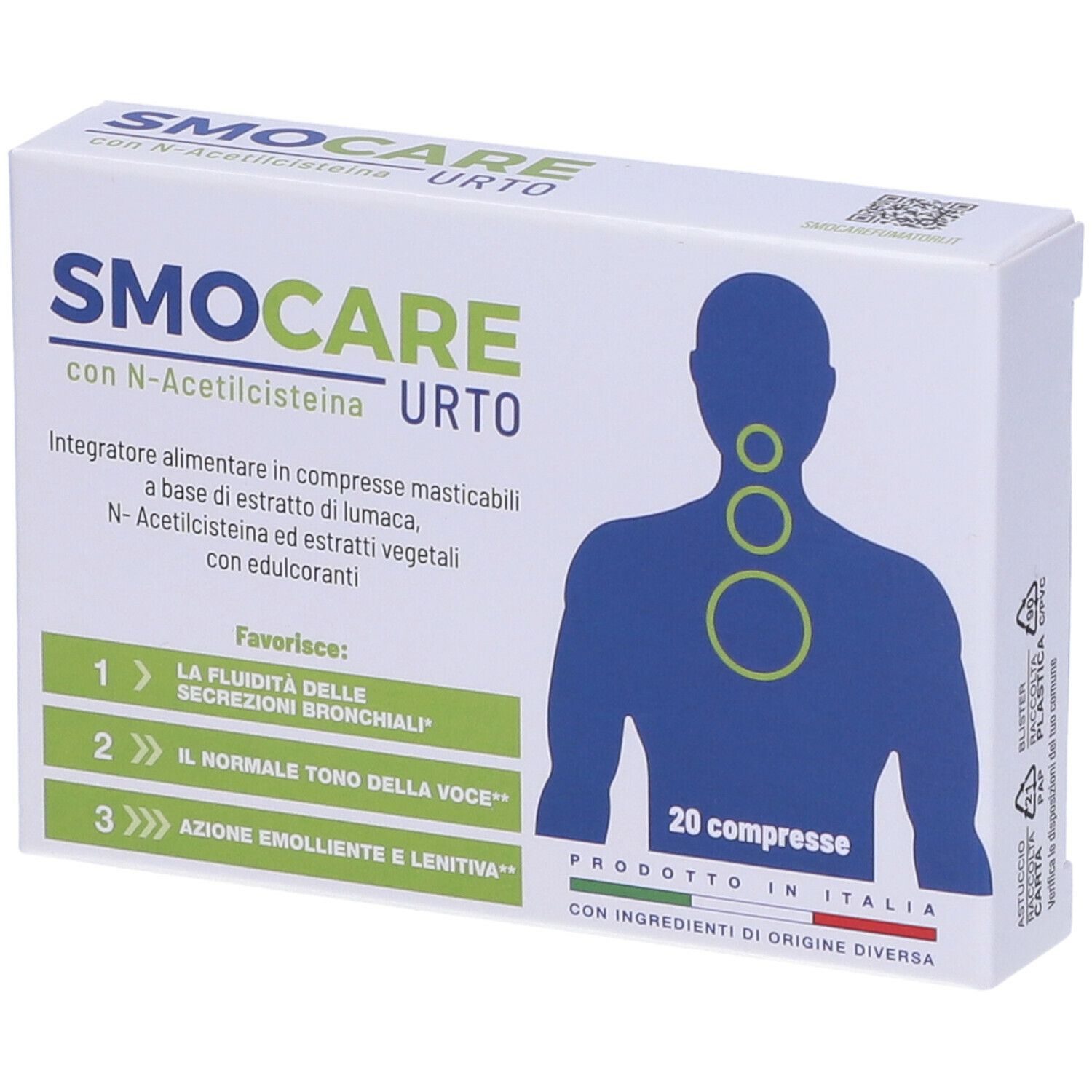 Scatola di compresse "Smocare URTO". 20 compresse. Testo e illustrazione di un collo stilizzato. Prodotto in Italia.