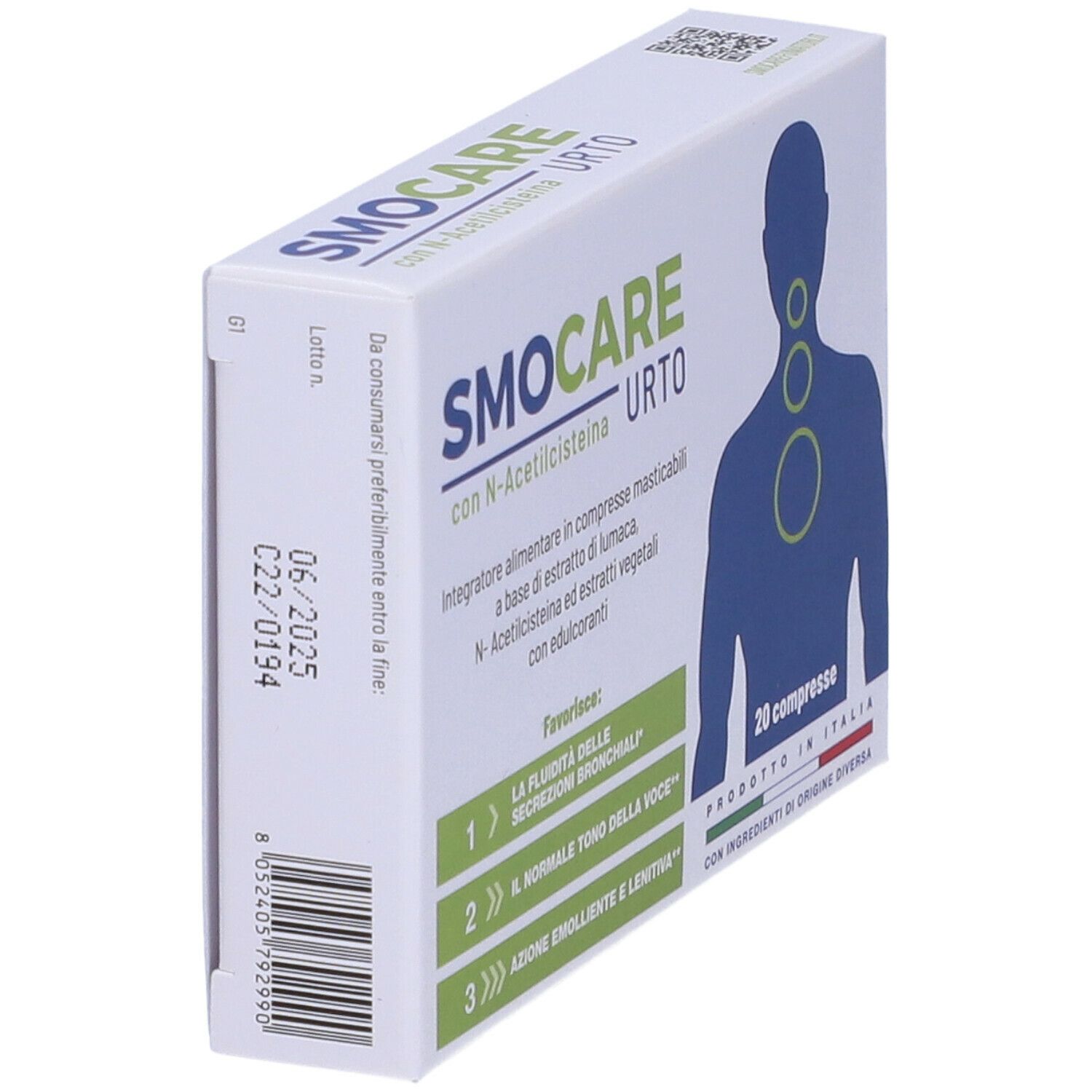 Scatola "Smocare URTO" con 20 compresse. Vista laterale con nome del prodotto, ingredienti e data di scadenza.