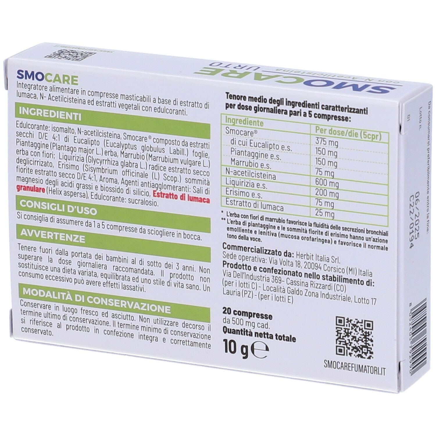 Retro della scatola "Smocare URTO". Contiene ingredienti, consigli d'uso e informazioni nutrizionali.