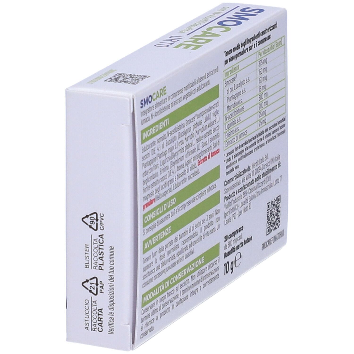 Vista laterale della scatola "Smocare URTO". Contiene ingredienti, consigli d'uso e informazioni nutrizionali.
