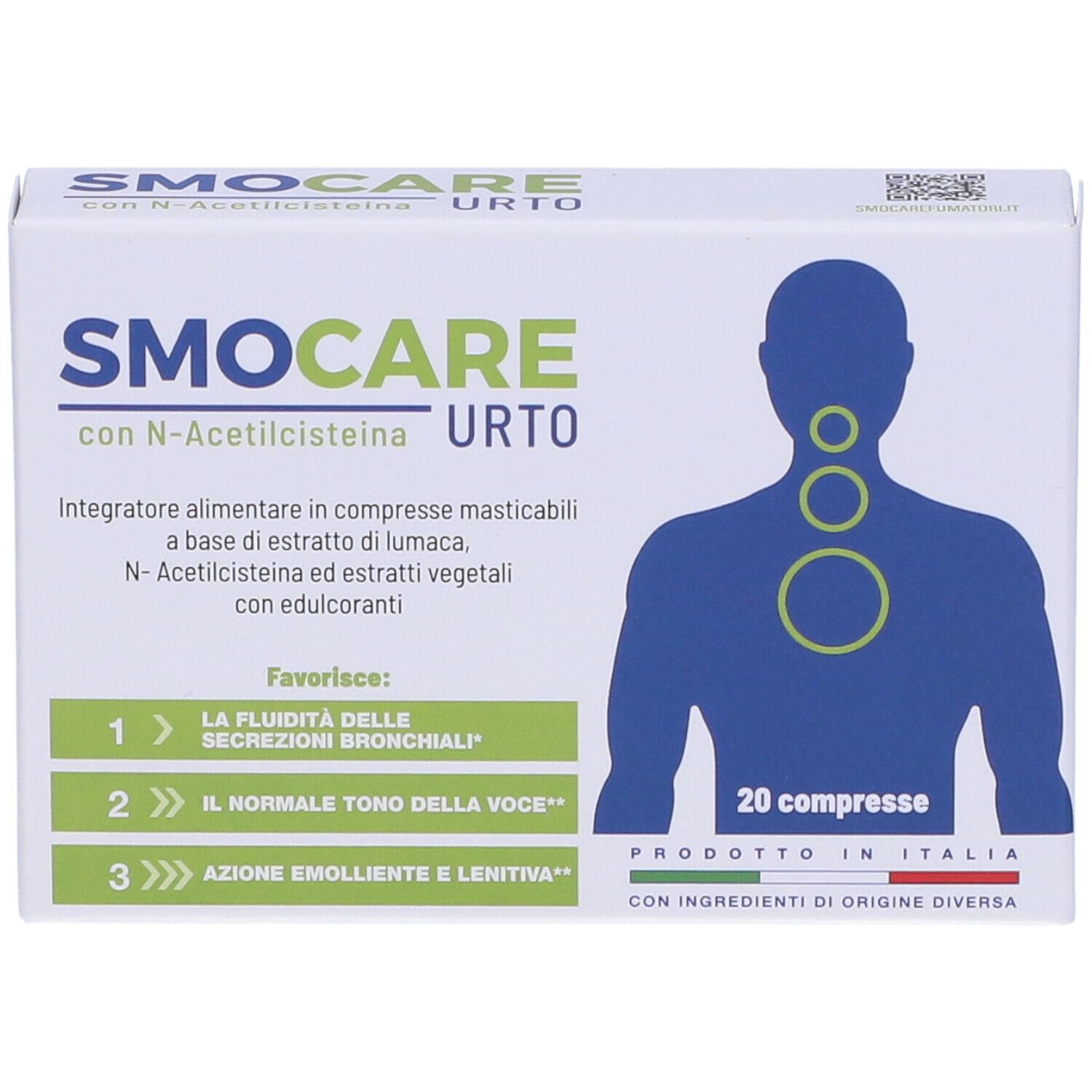 Scatola "Smocare URTO" con 20 compresse. Vista frontale con nome del prodotto, informazioni e illustrazione del collo.