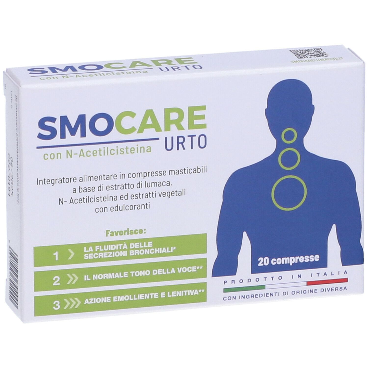 Scatola "Smocare URTO" con 20 compresse. Vista frontale con nome del prodotto, informazioni e illustrazione del collo.