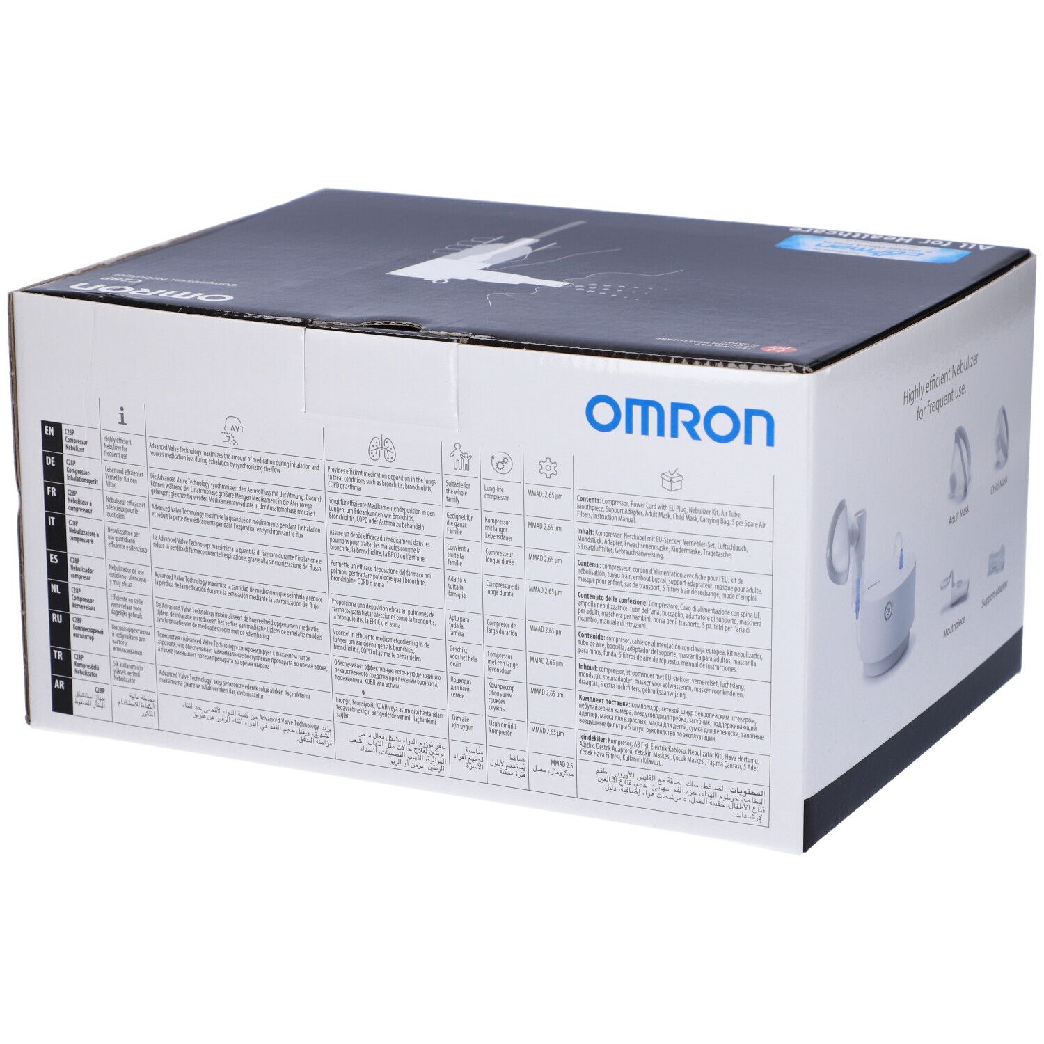 Confezione OMRON C28P. Testo multilingue. Immagine del prodotto. Testo: "All for Healthcare".
