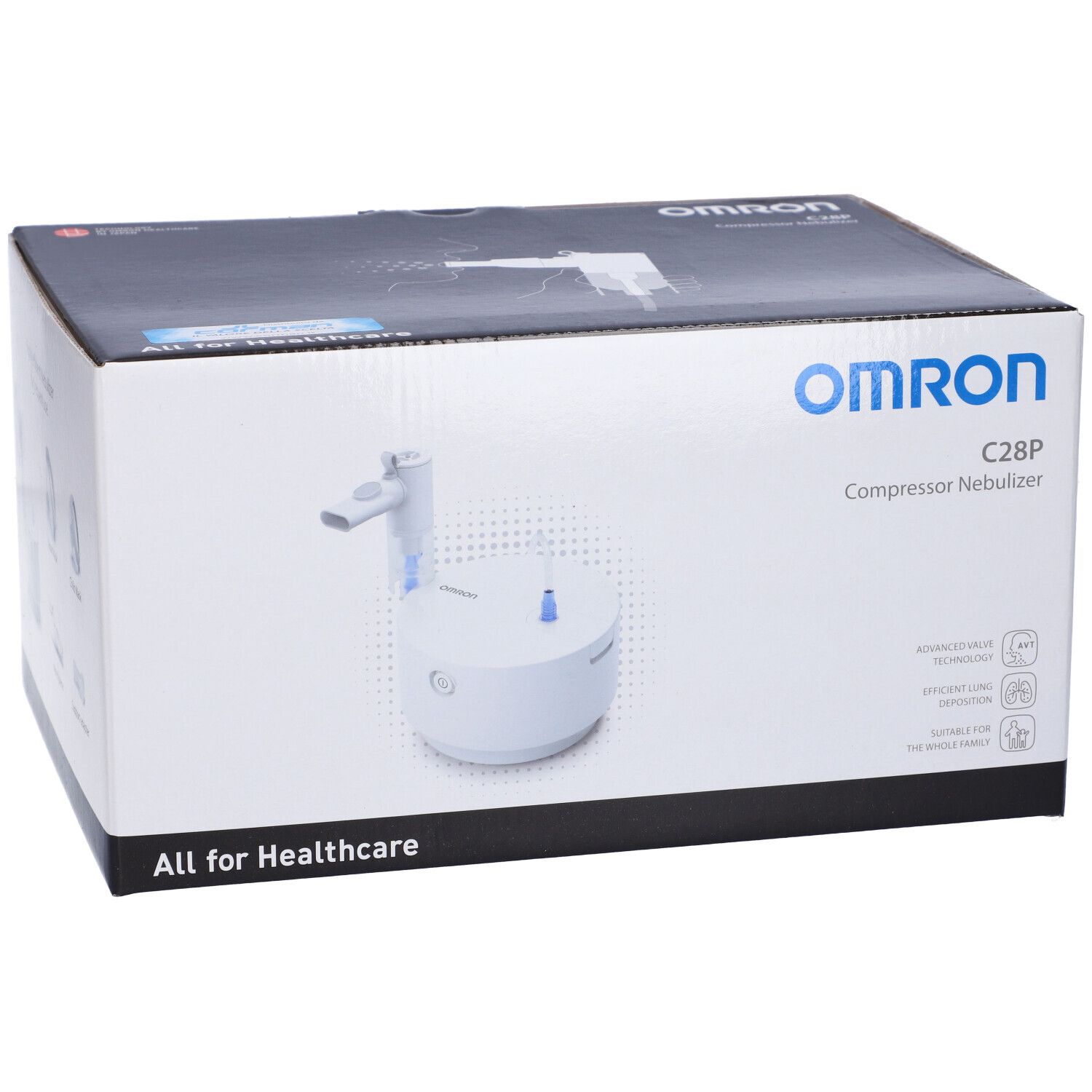 Nebulizzatore a pistone OMRON C28P. Confezione con immagine del prodotto. Testo: "All for Healthcare".