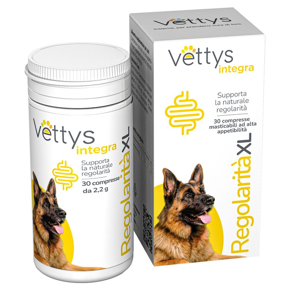 Vettys Integra Regolarità XL, 30 compresse masticabili. Confezione e flacone bianchi con immagine.