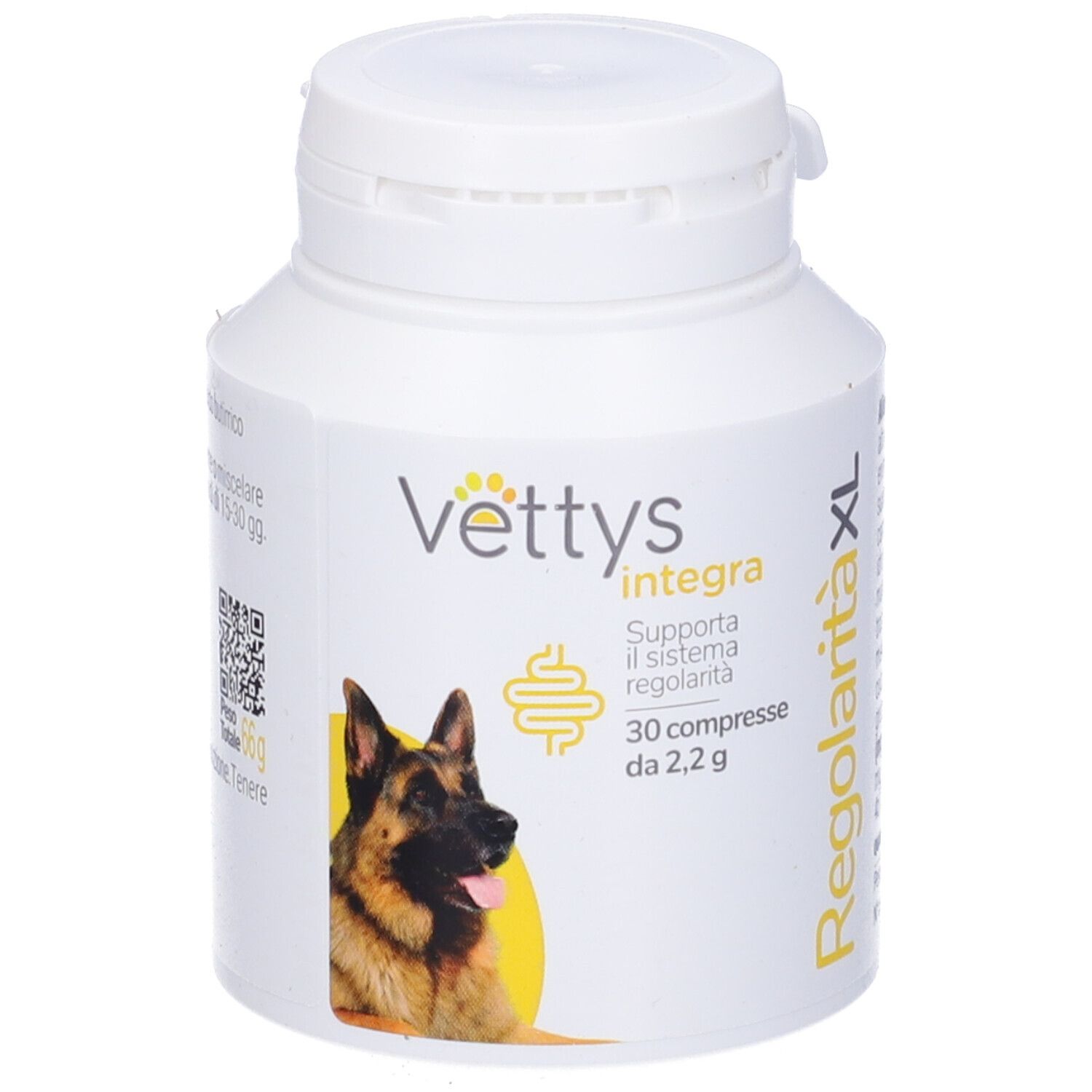 Vettys Integra Regolarità XL, 30 compresse masticabili. Flacone bianco con informazioni sul prodotto.