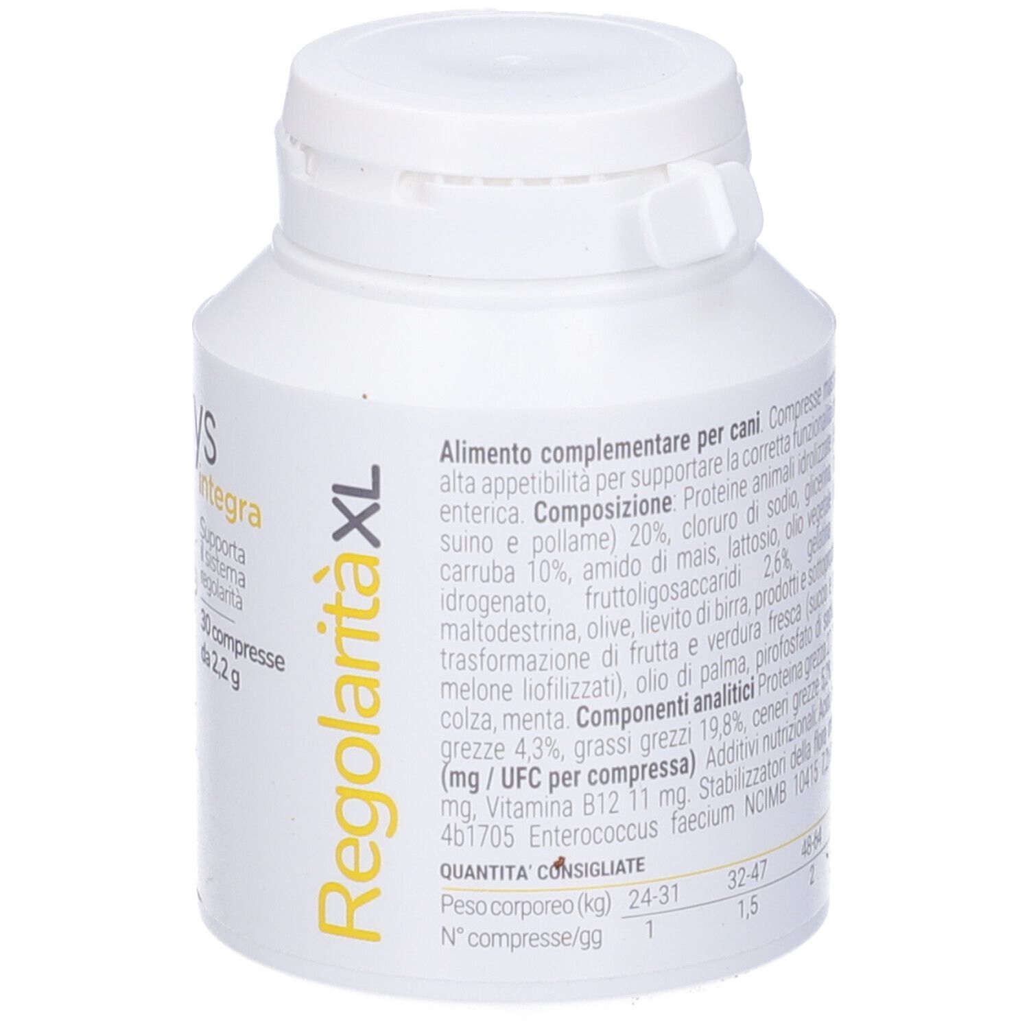 Vettys Integra Regolarità XL, 30 compresse masticabili. Flacone bianco con informazioni sul prodotto.