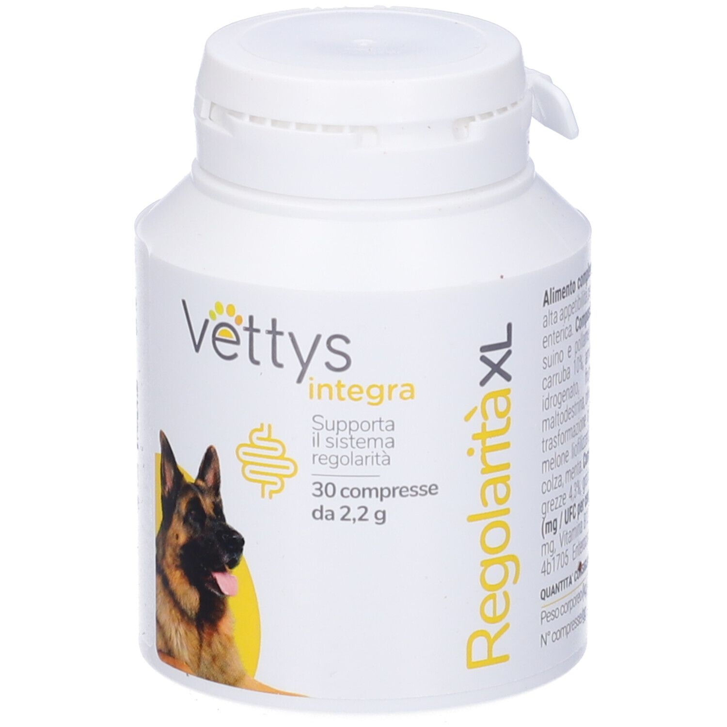 Vettys Integra Regolarità XL, 30 compresse masticabili. Flacone bianco con informazioni sul prodotto.