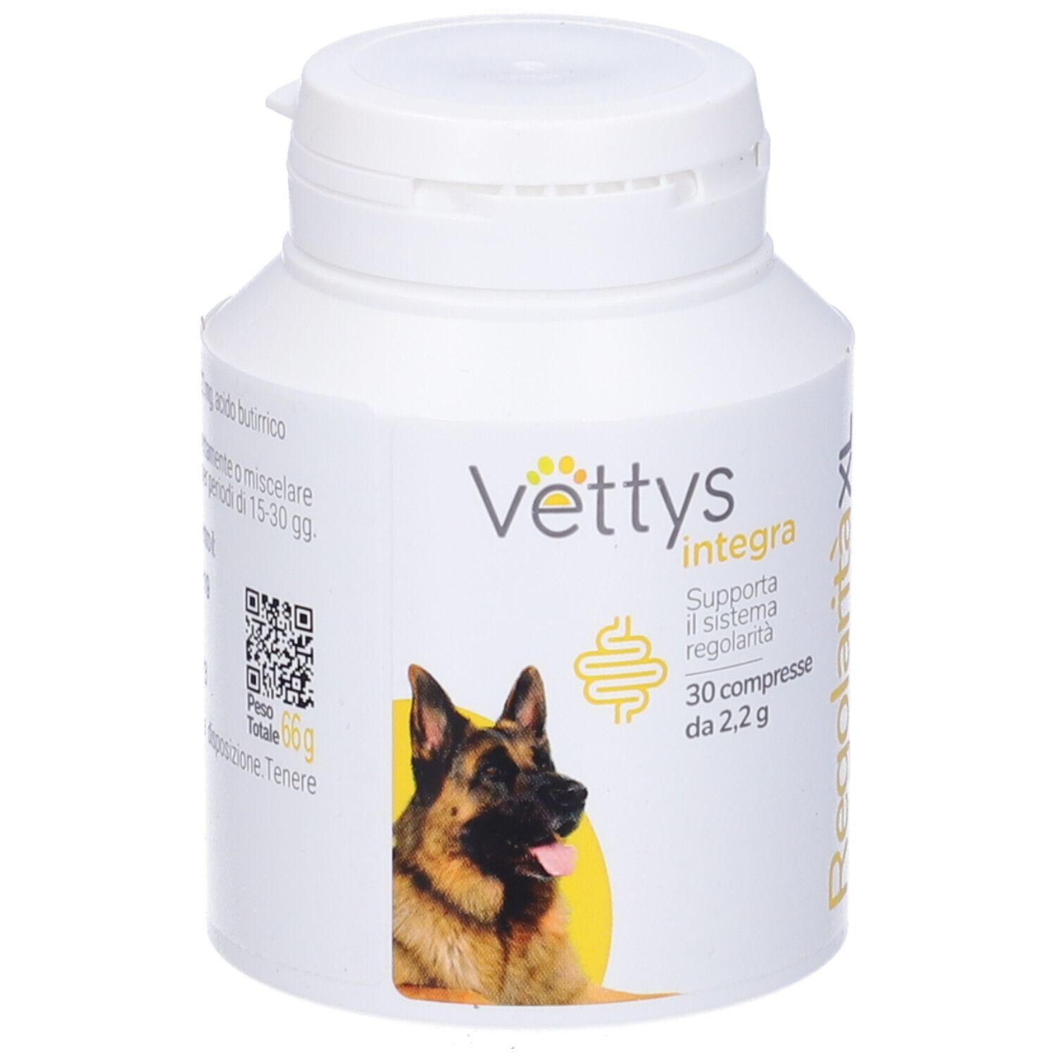 Vettys Integra Regolarità XL, 30 compresse masticabili. Flacone bianco con informazioni sul prodotto.