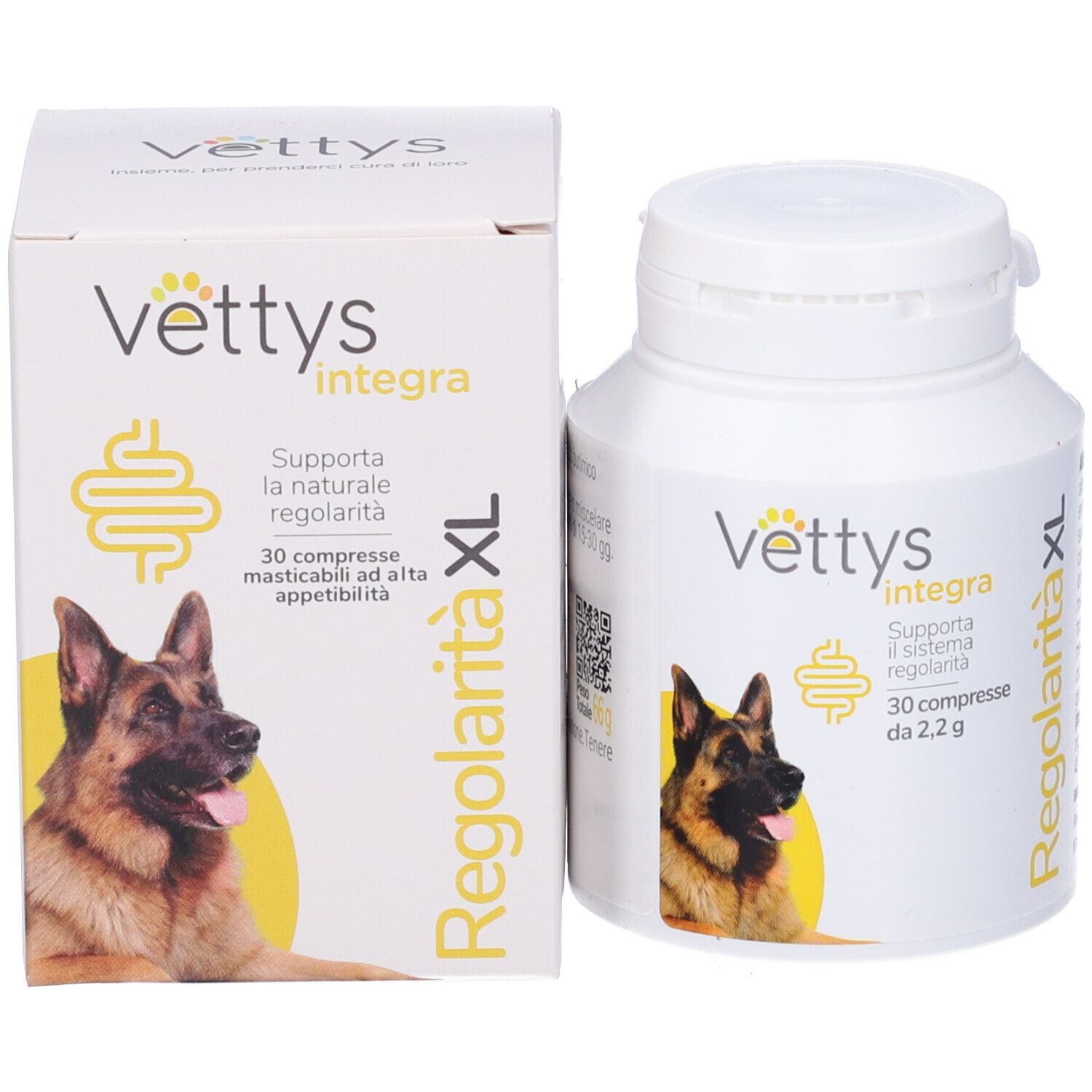 Vettys Integra Regolarità XL, 30 compresse masticabili. Prodotto e confezione affiancati.
