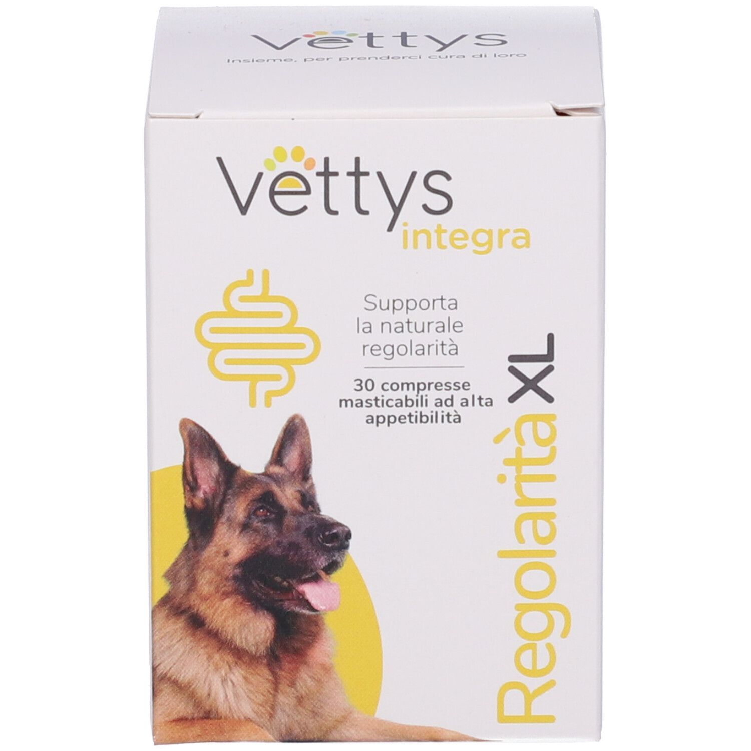 Vettys Integra Regolarità XL, 30 compresse masticabili. Confezione del prodotto con immagine.