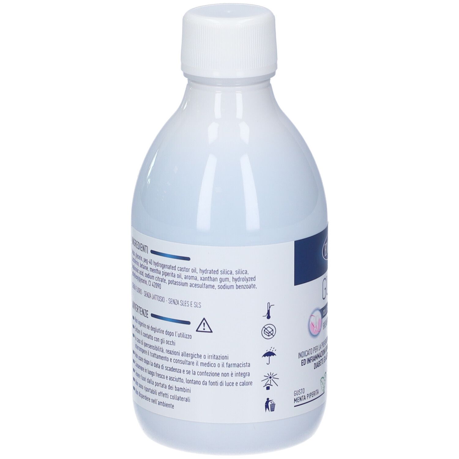 Weiße Kunststoffflasche mit weißem Schraubverschluss, Inhaltsstoffe aufgedruckt.