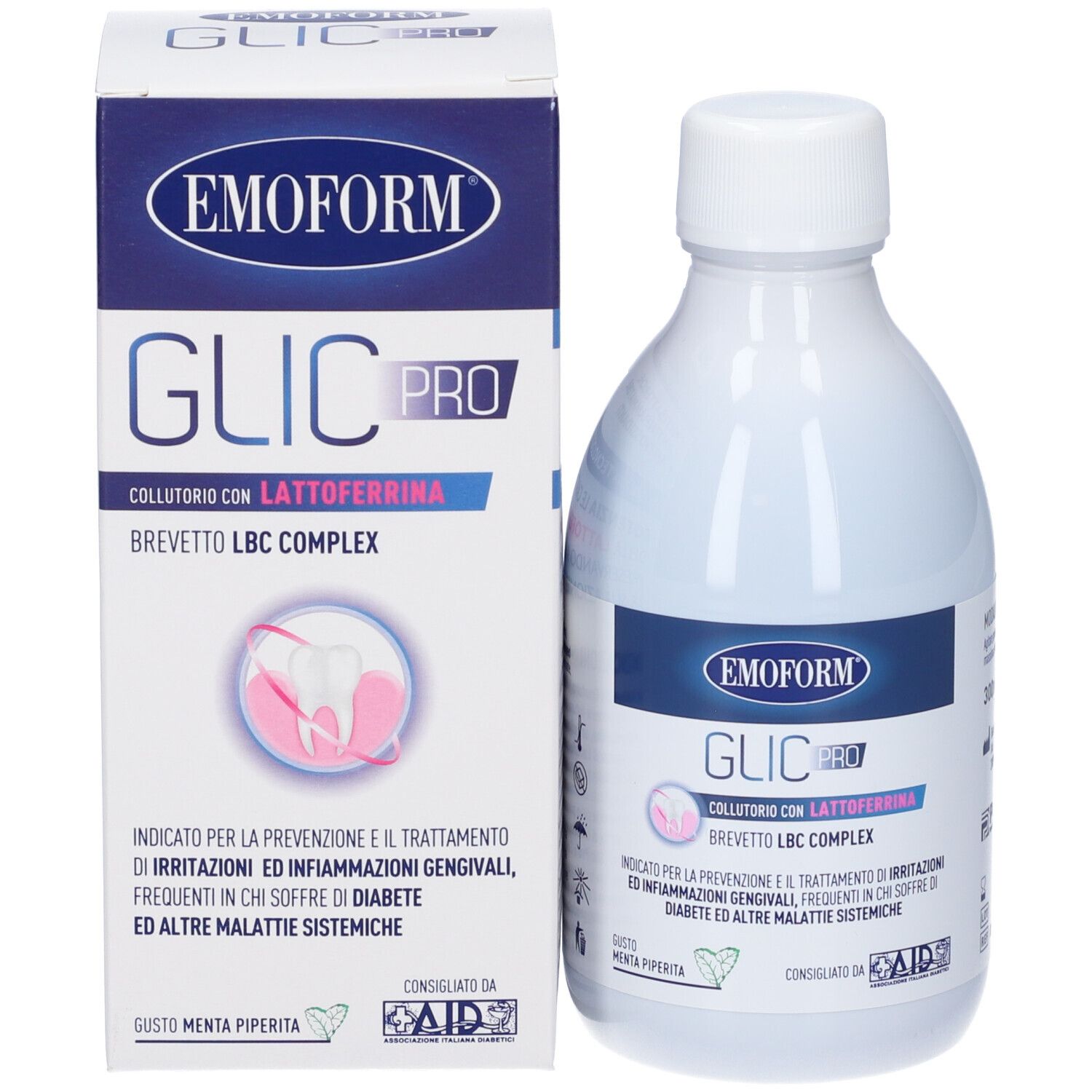 Emoform Glic Pro Mundwasser mit Lactoferrin und LBC-Komplex.