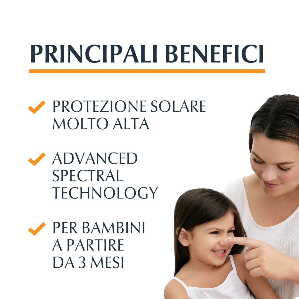 Testo con benefici: Protezione solare molto alta, Advanced Spectral Technology, per bambini a partire da 3 mesi. Donna e bambino.