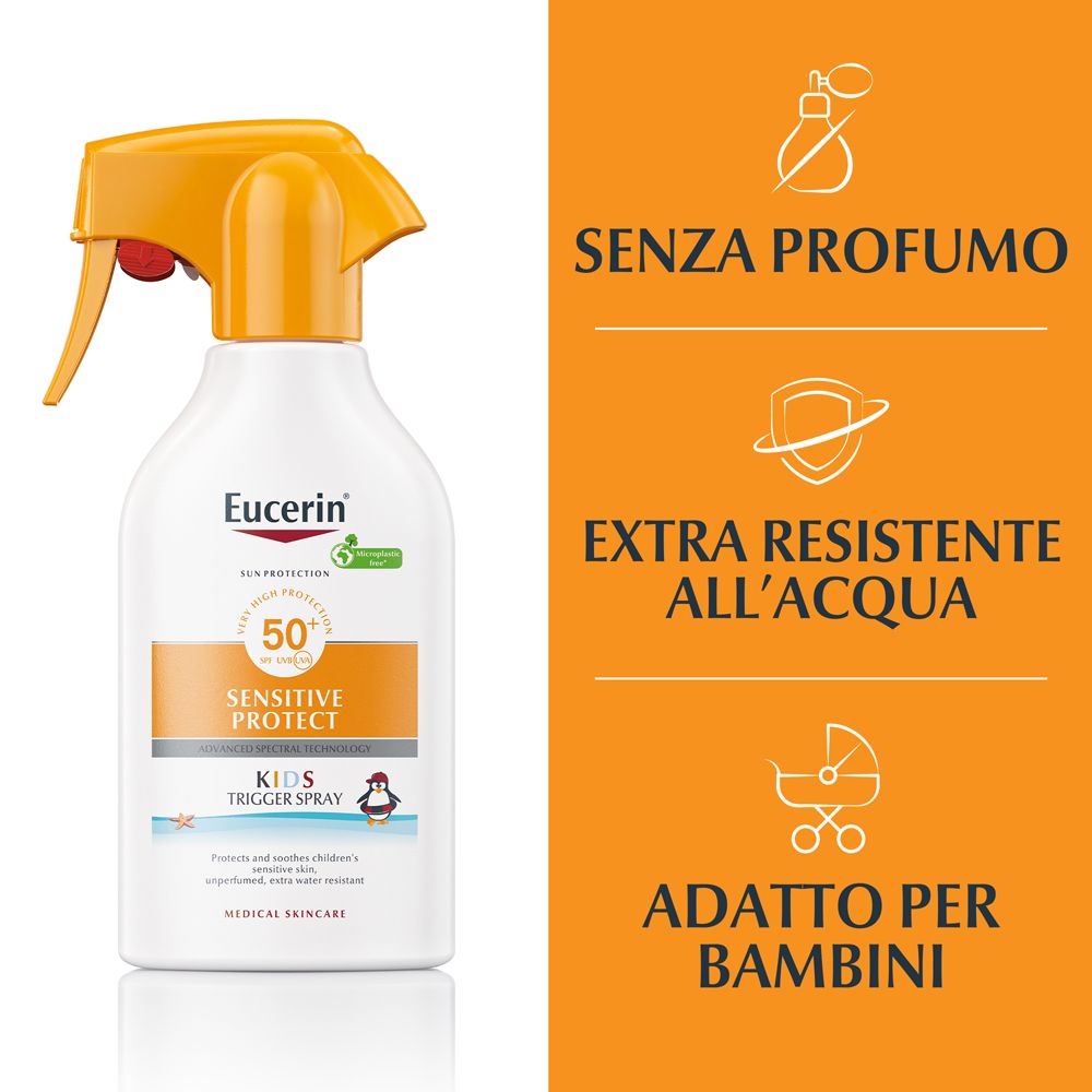 Spray solare con erogatore arancione. Senza profumo, extra resistente all'acqua, adatto ai bambini. Eucerin.