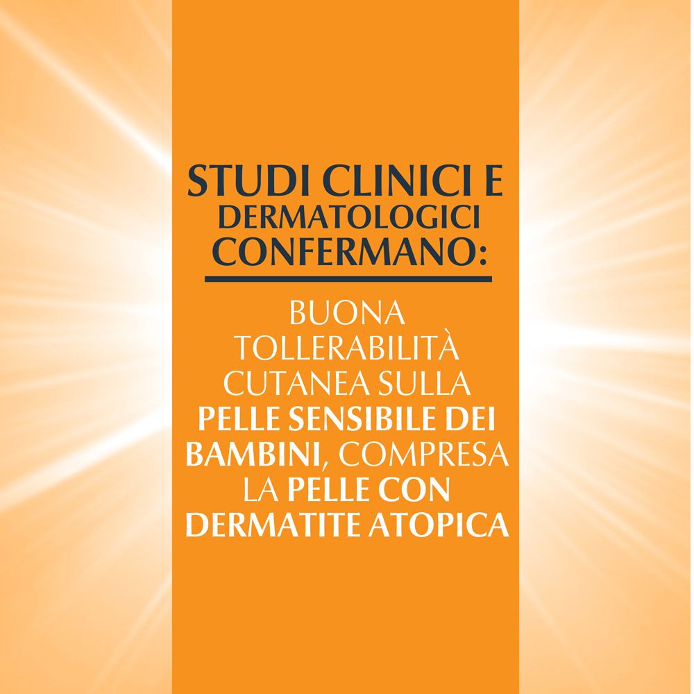 Testo: Studi clinici e dermatologici confermano: Buona tollerabilità cutanea sulla pelle sensibile dei bambini, compresa la pelle con dermatite atopica.